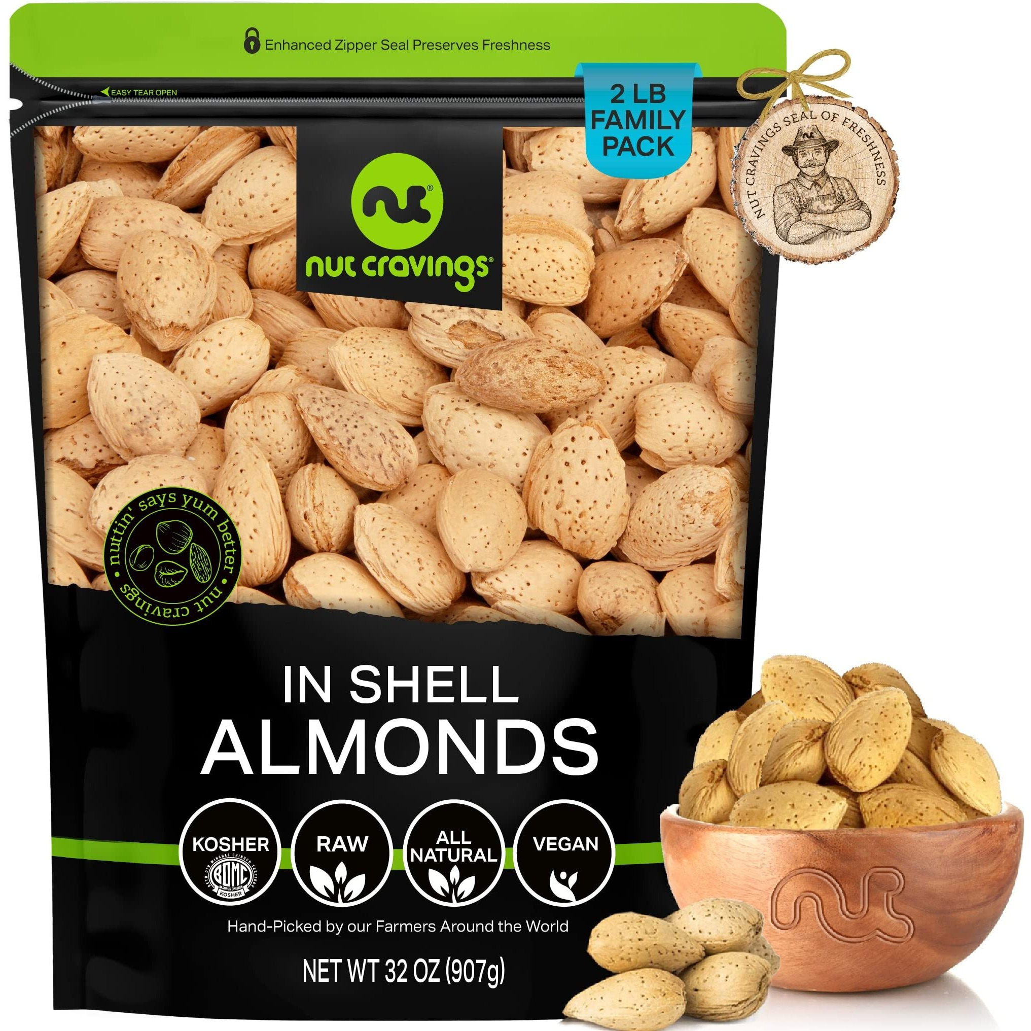 Nut Cravings - In Shell Almonds - Raw, Whole, (32Oz - 2 Lb) Packed Fresh In Resealable Bag - Nut Snack - Healthy Protein Food, All Natural, Keto, Vegan, Kosher Ideal For Trail Mixed Nuts