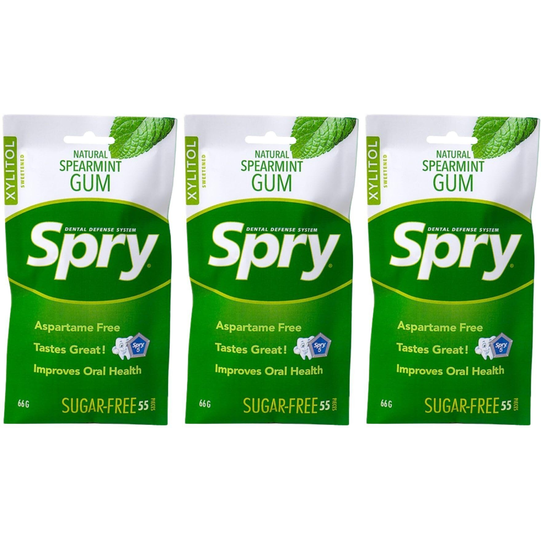 Spry On The Go Gum, Fresh Natural Xylitol Chewing Gum Dental Defense System Aspartame-Free Sugar Free Gum (Spearmint, 55 Count - Pack Of 3)