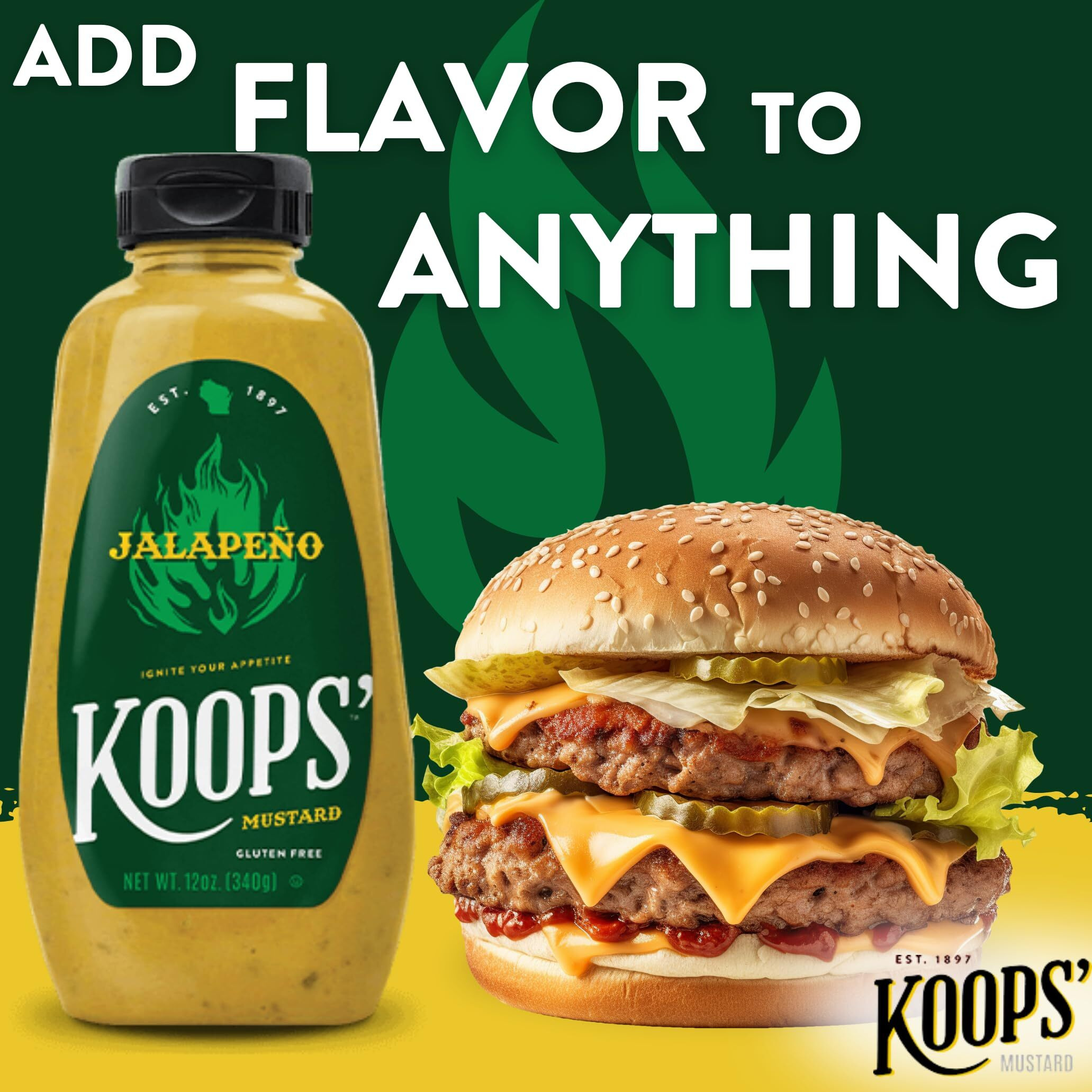 Koops' Jalapeno Mustard - Spicy Gourmet Mustard, Gluten-Free, Kosher, Made In Usa, From Quality Mustard Seeds, Hot Mustard Sauce - 12 Oz, Pack Of 4