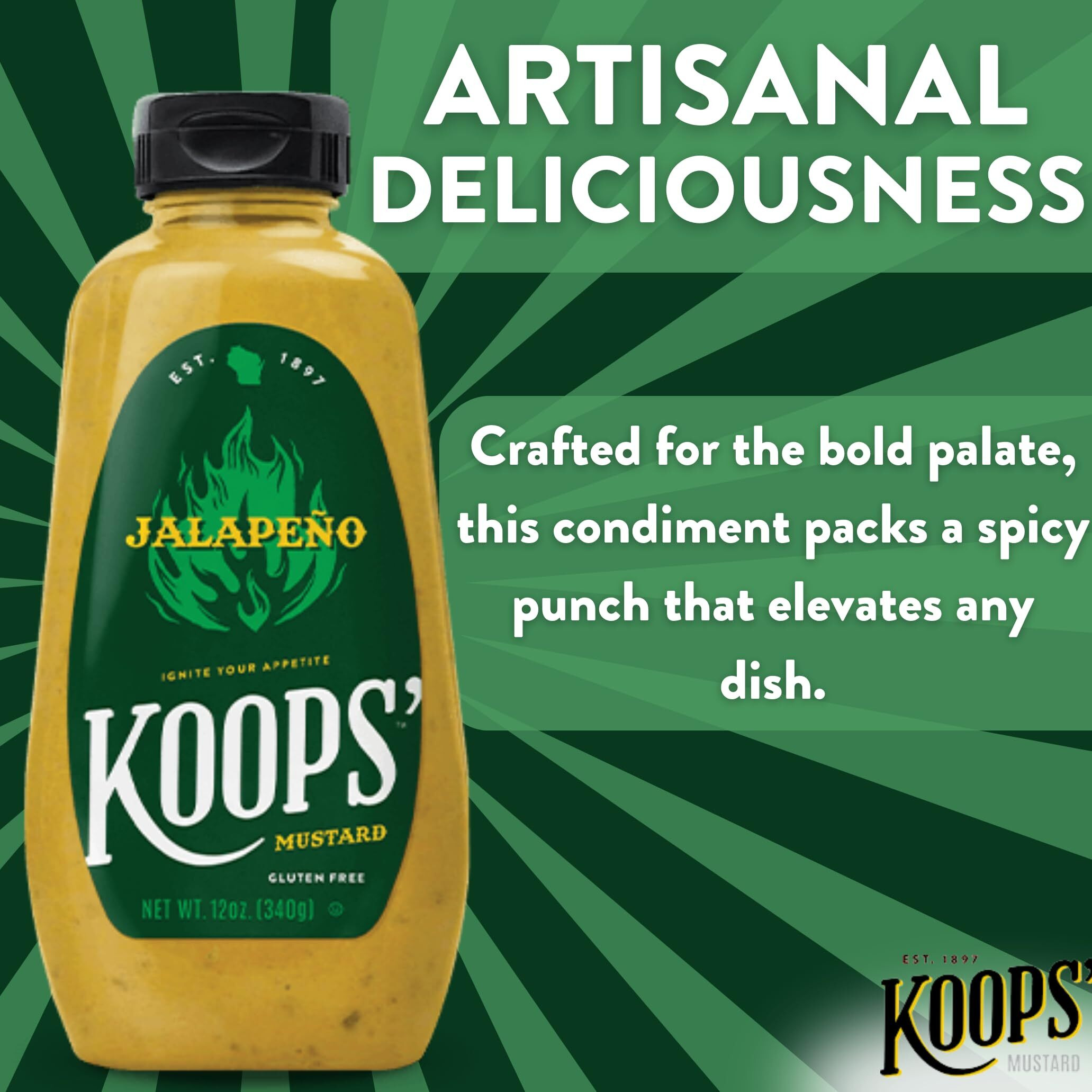 Koops' Jalapeno Mustard - Spicy Gourmet Mustard, Gluten-Free, Kosher, Made In Usa, From Quality Mustard Seeds, Hot Mustard Sauce - 12 Oz, Pack Of 4