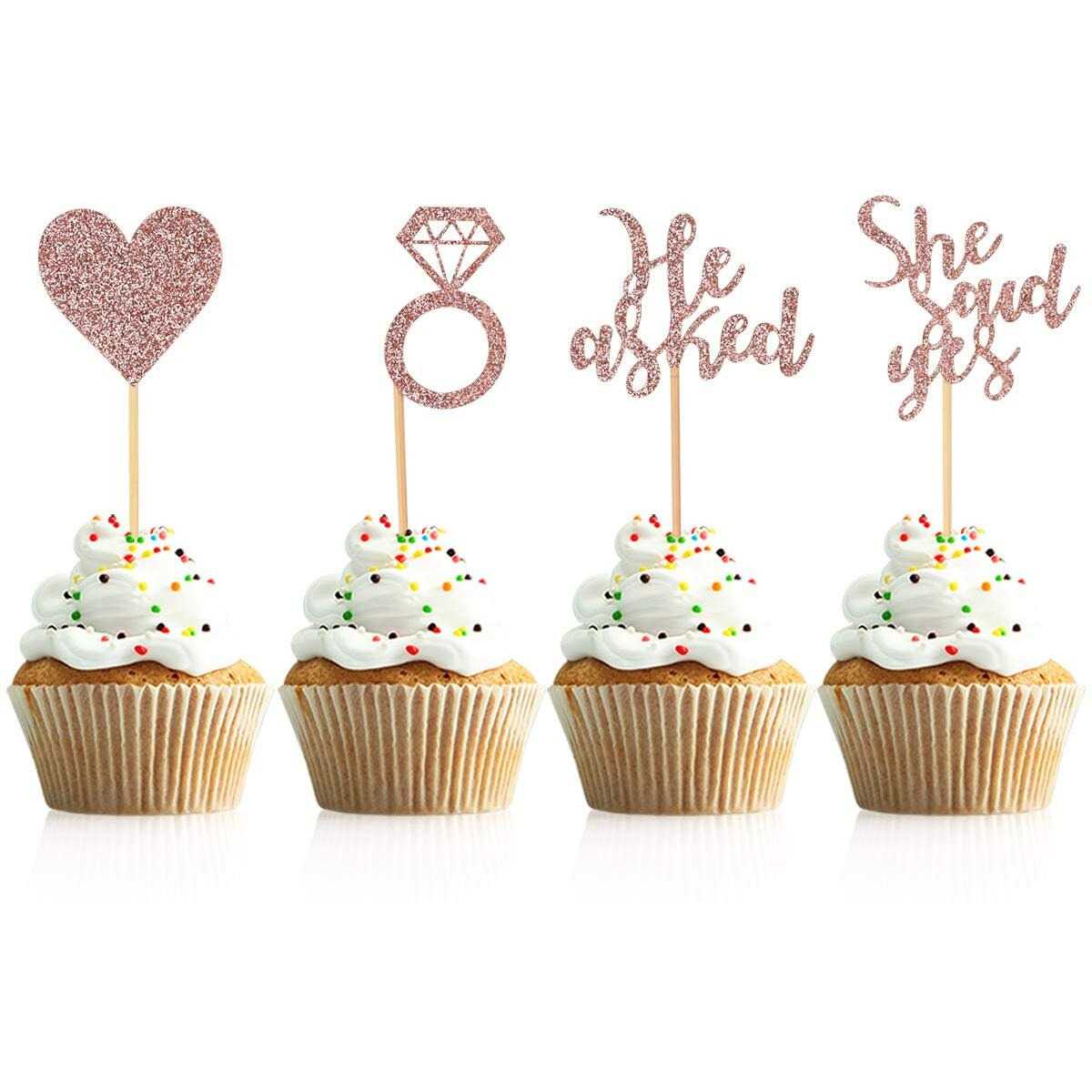 Donoter 48 Pcs Rose Gold He Asked She Said Yes Cupcake Toppers Diamond Ring Heart Cake Picks For Wedding Engagement Party Cake Decorations