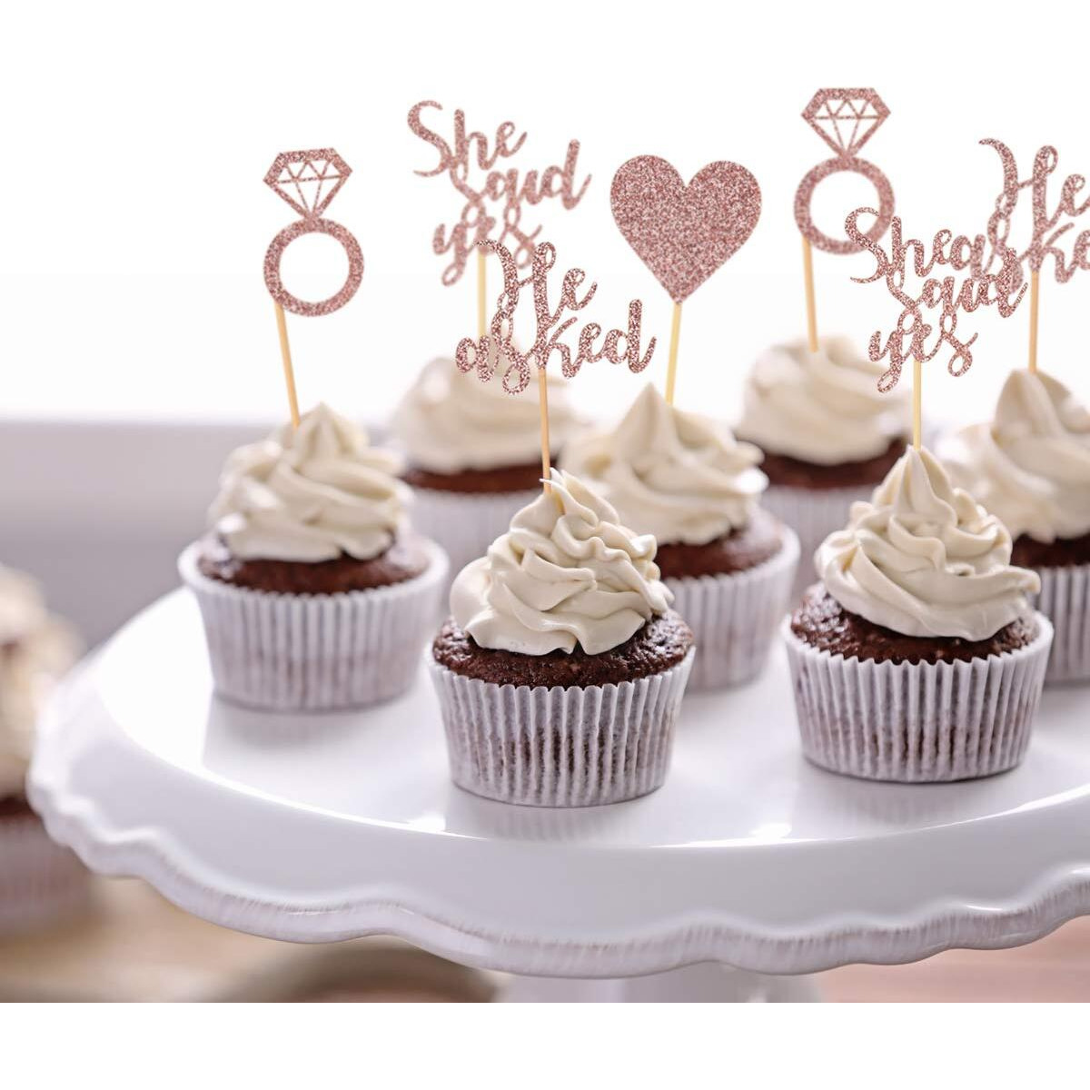 Donoter 48 Pcs Rose Gold He Asked She Said Yes Cupcake Toppers Diamond Ring Heart Cake Picks For Wedding Engagement Party Cake Decorations