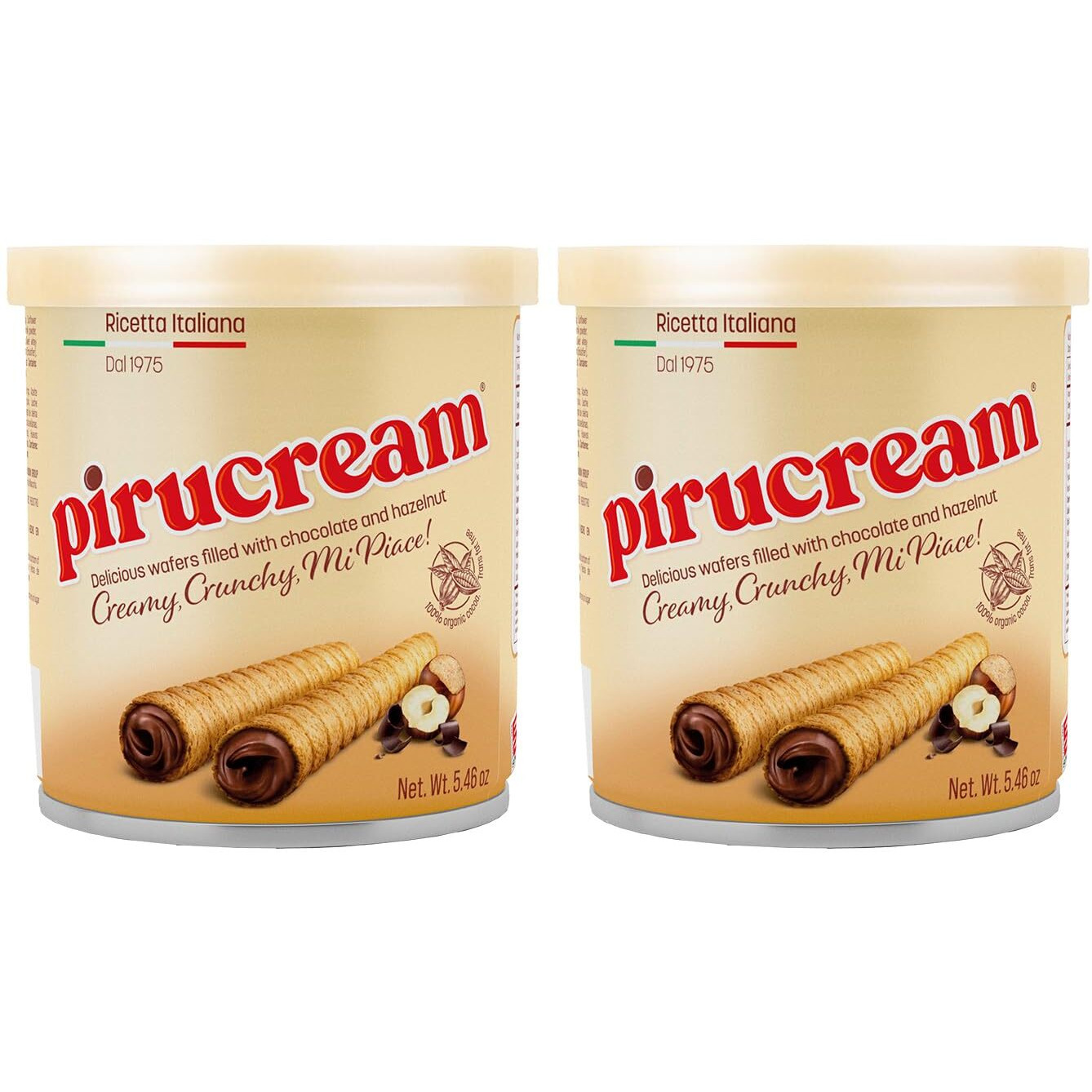 Pirucream Rolled Wafers With Chocolate Hazelnut, Organic Alkaline 100% Cocoa - No Trans-Fat, Preservatives, Colorants Or Additives And Without Palm Oil (155Gr/ 5.46Oz Each One - 2 Pack Tin)