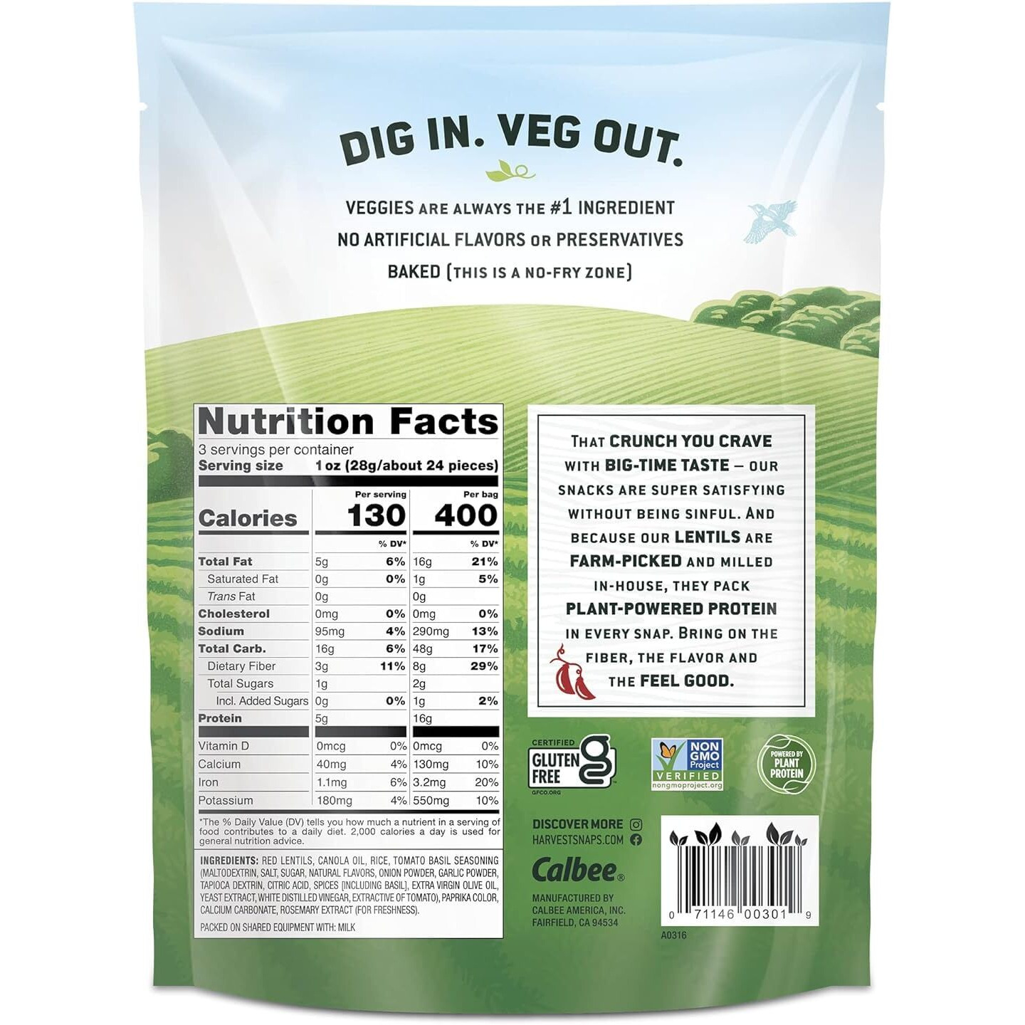 Harvest Snaps Veggie Chips (Red Lentil Snack Crisps Tomato Basil, 3.0 Oz) | Powered By Plant Protein, Gluten Free, Non-Gmo Baked Vegetable Crisps | Made In Usa (4 Pack)