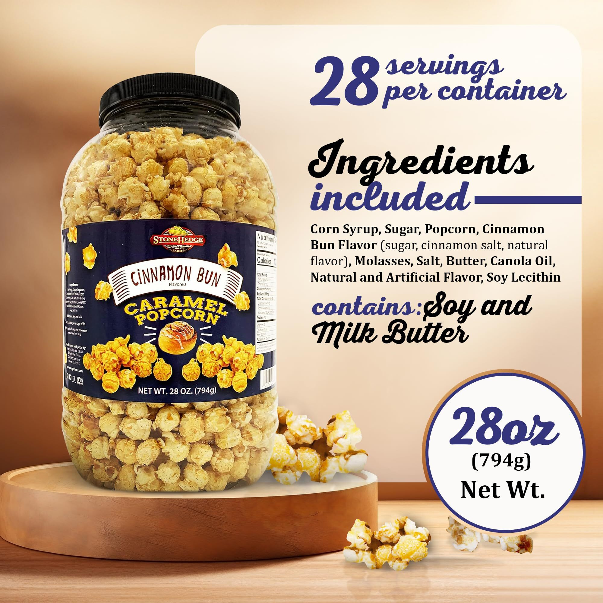 Stonehedge Farms Cinnamon Bun Flavored Popcorn - 28 Oz Large Tub - Bulk Gourmet Deliciously Old Fashioned Popped Sweet Snacks - Made In The Usa