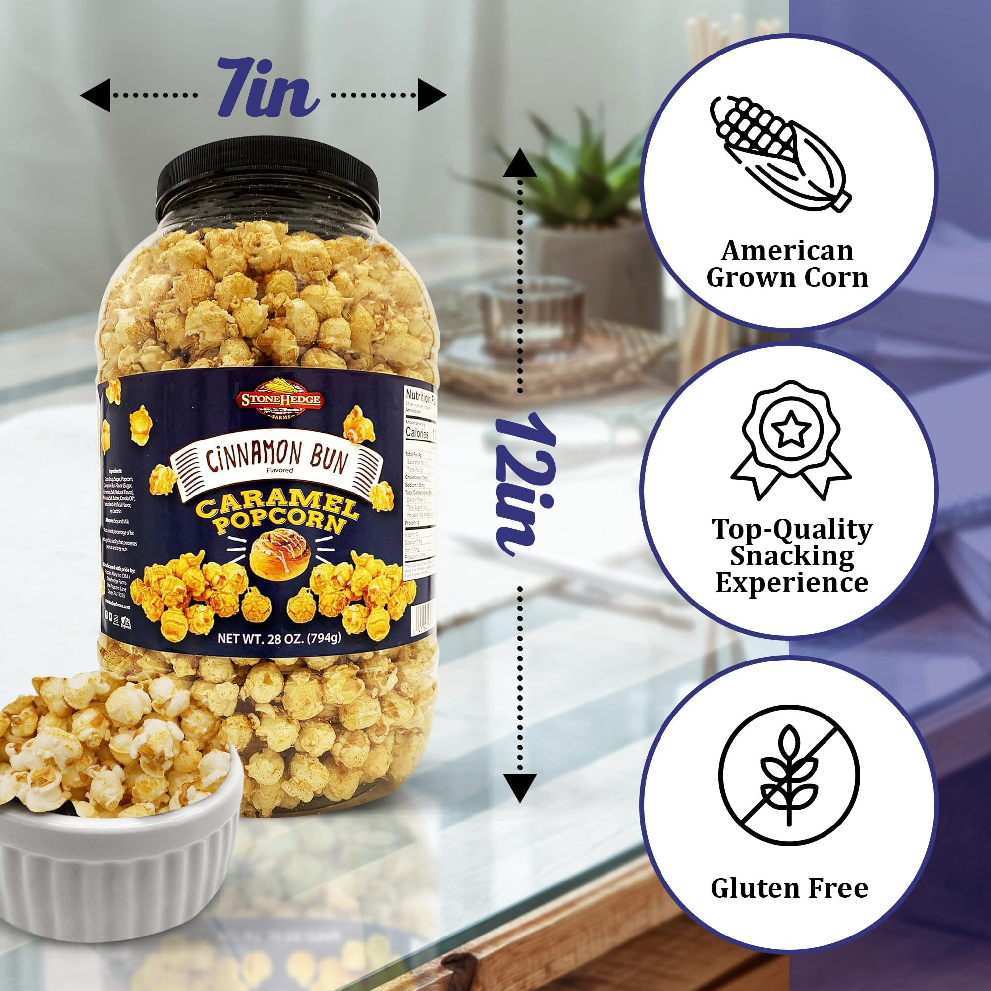 Stonehedge Farms Cinnamon Bun Flavored Popcorn - 28 Oz Large Tub - Bulk Gourmet Deliciously Old Fashioned Popped Sweet Snacks - Made In The Usa