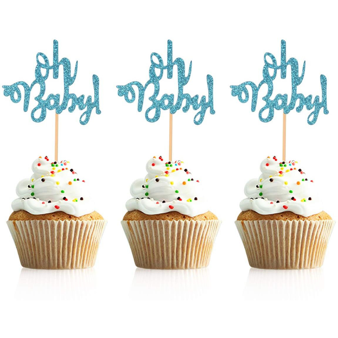 Donoter 48 Pcs Blue Glitter Oh Baby Cupcake Topper Picks For Baby Shower Party Cake Decorations