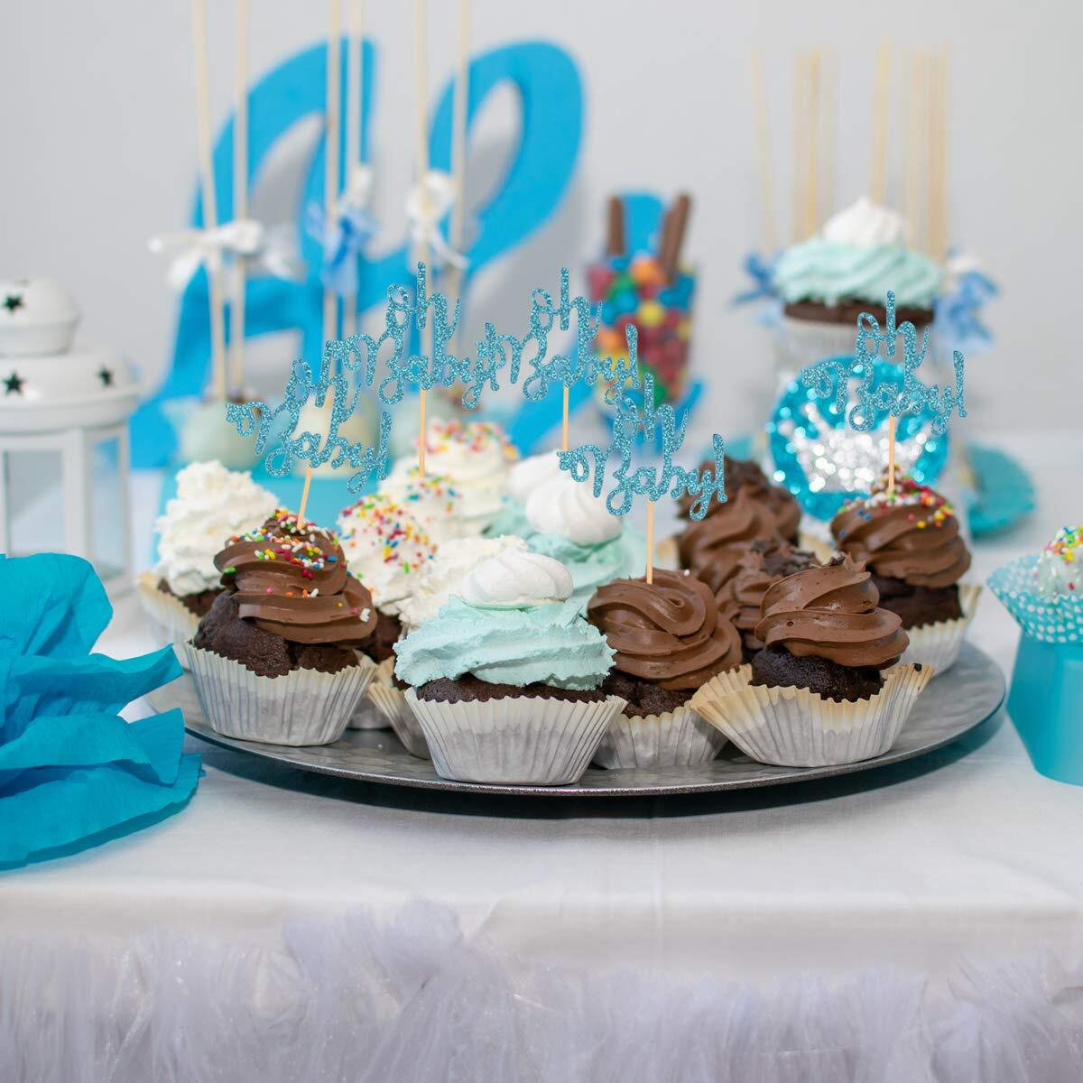 Donoter 48 Pcs Blue Glitter Oh Baby Cupcake Topper Picks For Baby Shower Party Cake Decorations