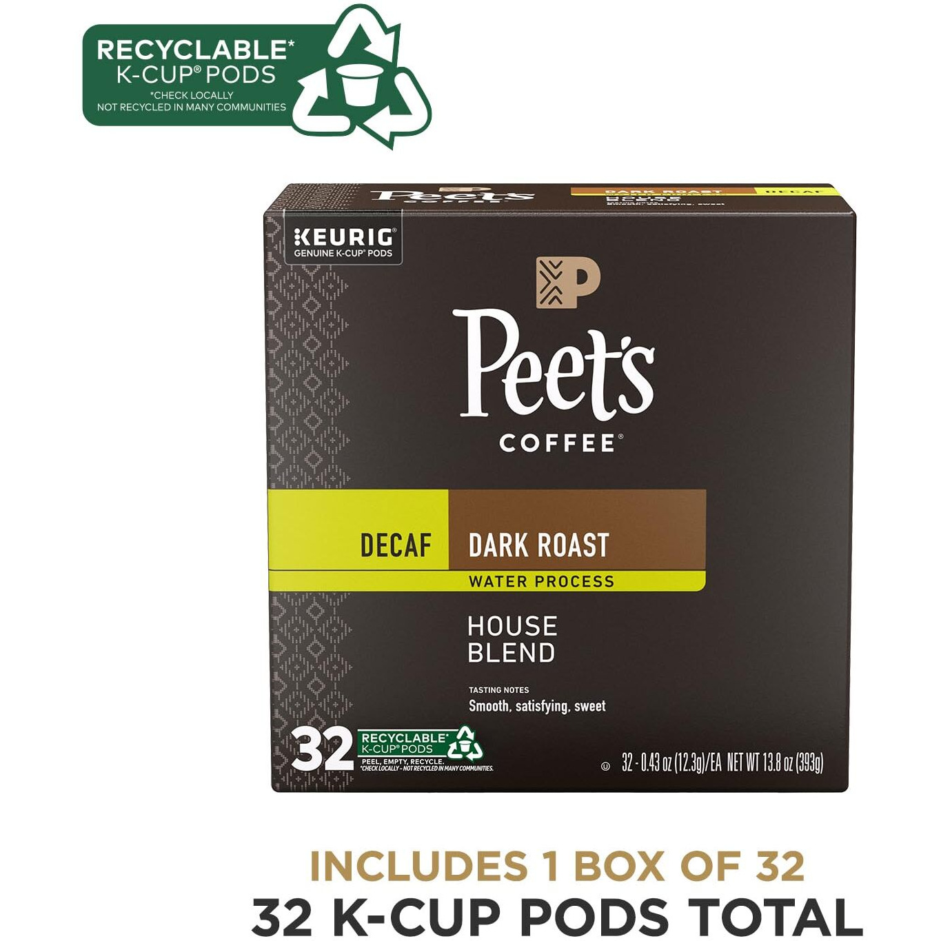 Peet's Coffee, Dark Roast Decaf Coffee K-Cup Coffee Pods For Keurig Coffee Machines - Decaf House Blend, 32 Count (1 Box Of 32 K-Cup Pods)
