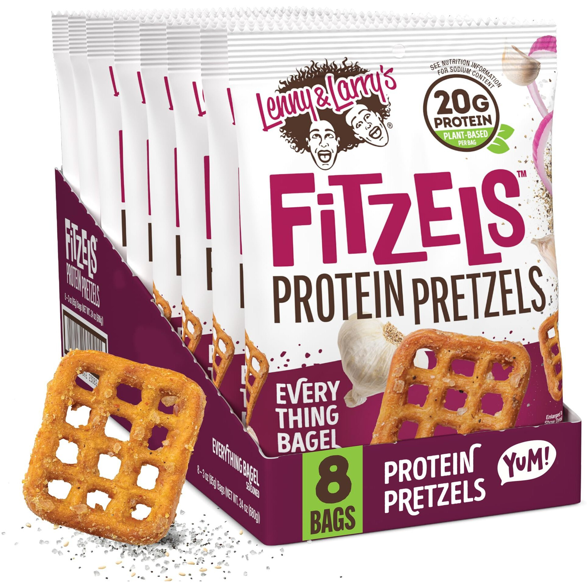 Lenny & Larry's Everything Bagel Fitzels- Savory Pretzel Snacks Incredibly Tasty, High Protein Salty, Vegan, Kosher 20 G's Of Plant Based Protein 8 (Eight) Bags, 3 Oz Each