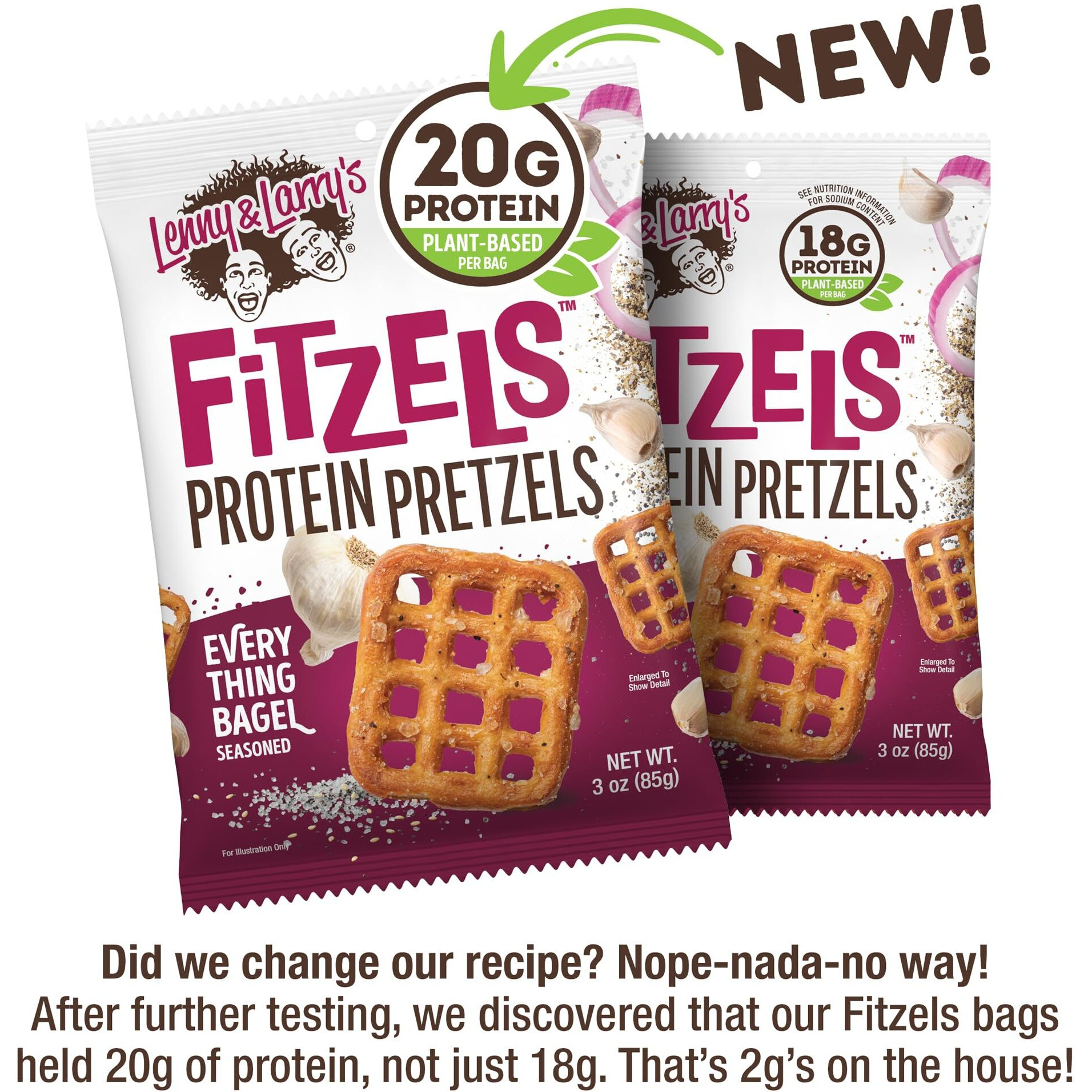 Lenny & Larry's Everything Bagel Fitzels- Savory Pretzel Snacks Incredibly Tasty, High Protein Salty, Vegan, Kosher 20 G's Of Plant Based Protein 8 (Eight) Bags, 3 Oz Each