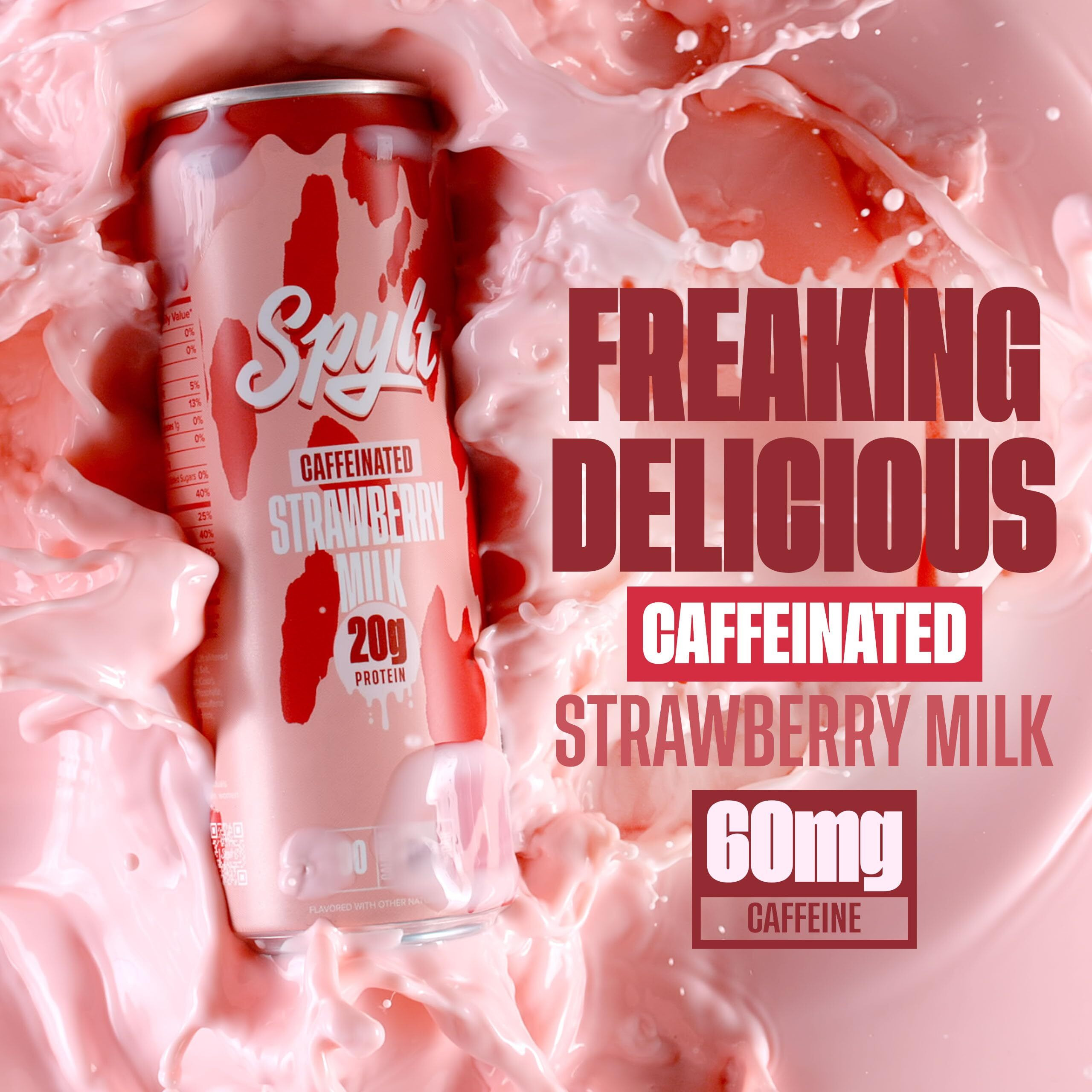 Spylt High Protein Strawberry Milk With 60Mg Caffeine & 20G Protein - Ready To Drink, Sugar Free, Lactose Free Milk, Perfect For Workout Recovery & Afternoon Pick Me Up Protein Shake - 12 Count