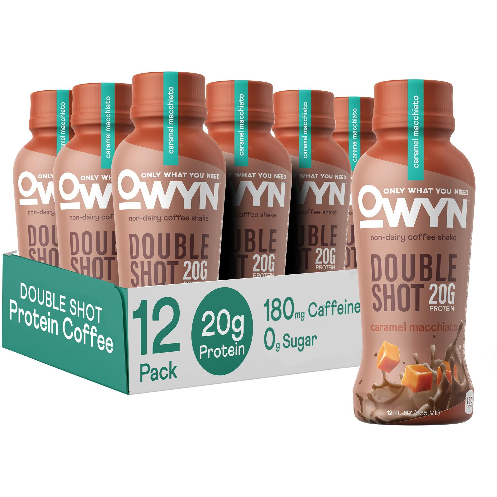 Owyn Only What You Need Double Shot Dairy Free Keto Protein Coffee Shake, Caramel Macchiato, 0G Sugar, 20G Plant Based Protein, 180Mg Caffeine, Gluten & Soy Free, Non-Gmo, Vegan (12 Pack, 12 Fl Oz)