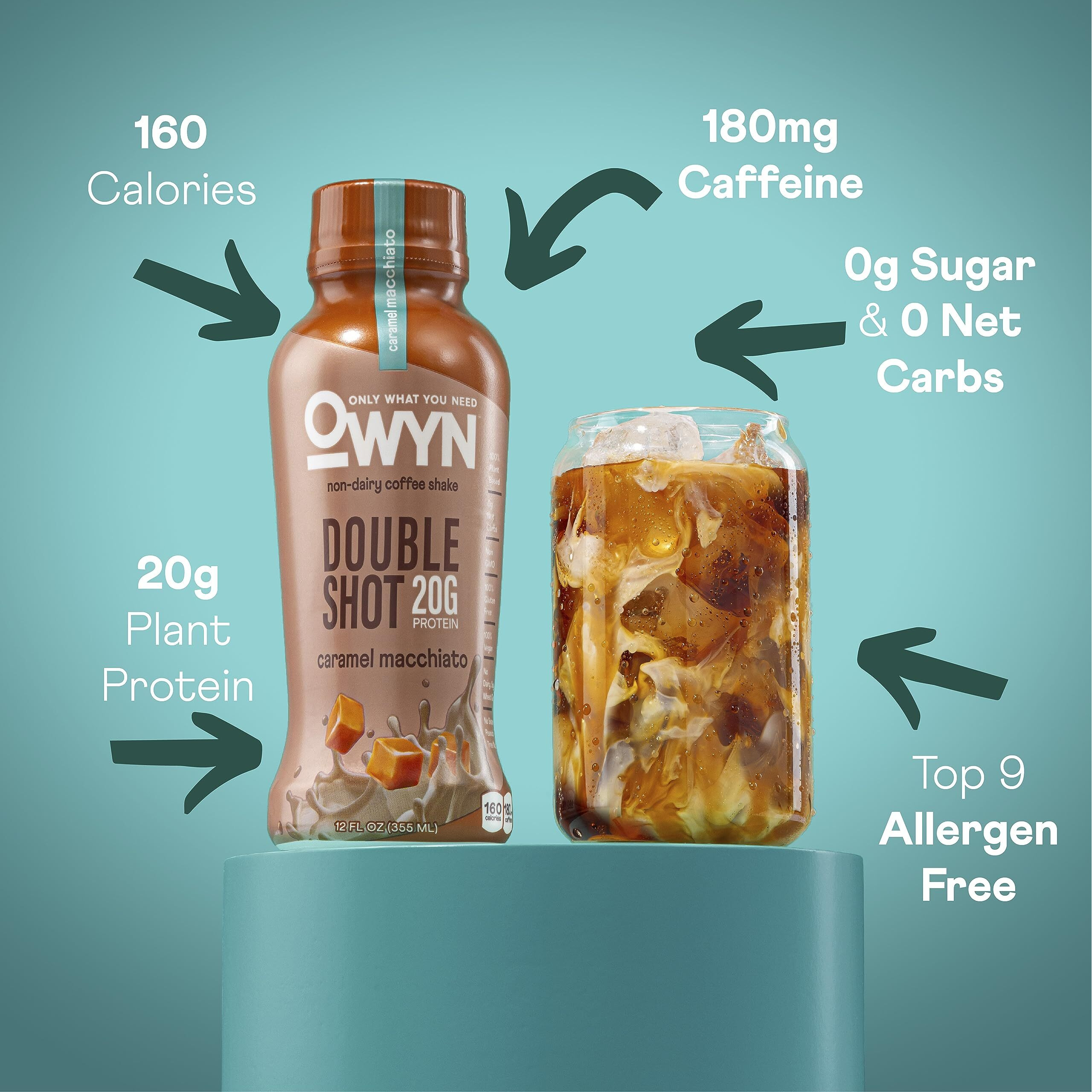 Owyn Only What You Need Double Shot Dairy Free Keto Protein Coffee Shake, Caramel Macchiato, 0G Sugar, 20G Plant Based Protein, 180Mg Caffeine, Gluten & Soy Free, Non-Gmo, Vegan (12 Pack, 12 Fl Oz)