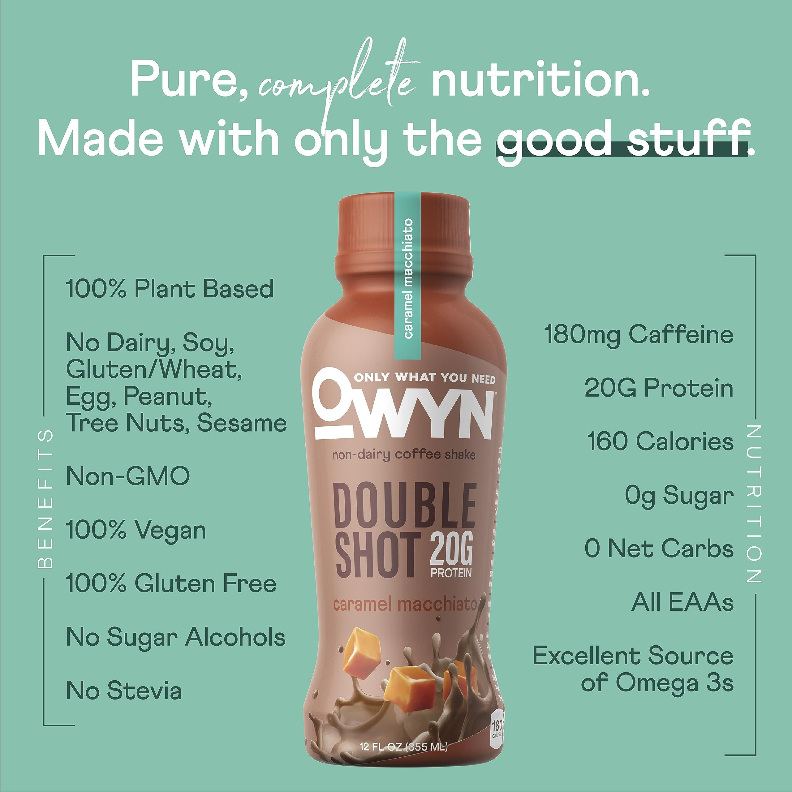 Owyn Only What You Need Double Shot Dairy Free Keto Protein Coffee Shake, Caramel Macchiato, 0G Sugar, 20G Plant Based Protein, 180Mg Caffeine, Gluten & Soy Free, Non-Gmo, Vegan (12 Pack, 12 Fl Oz)