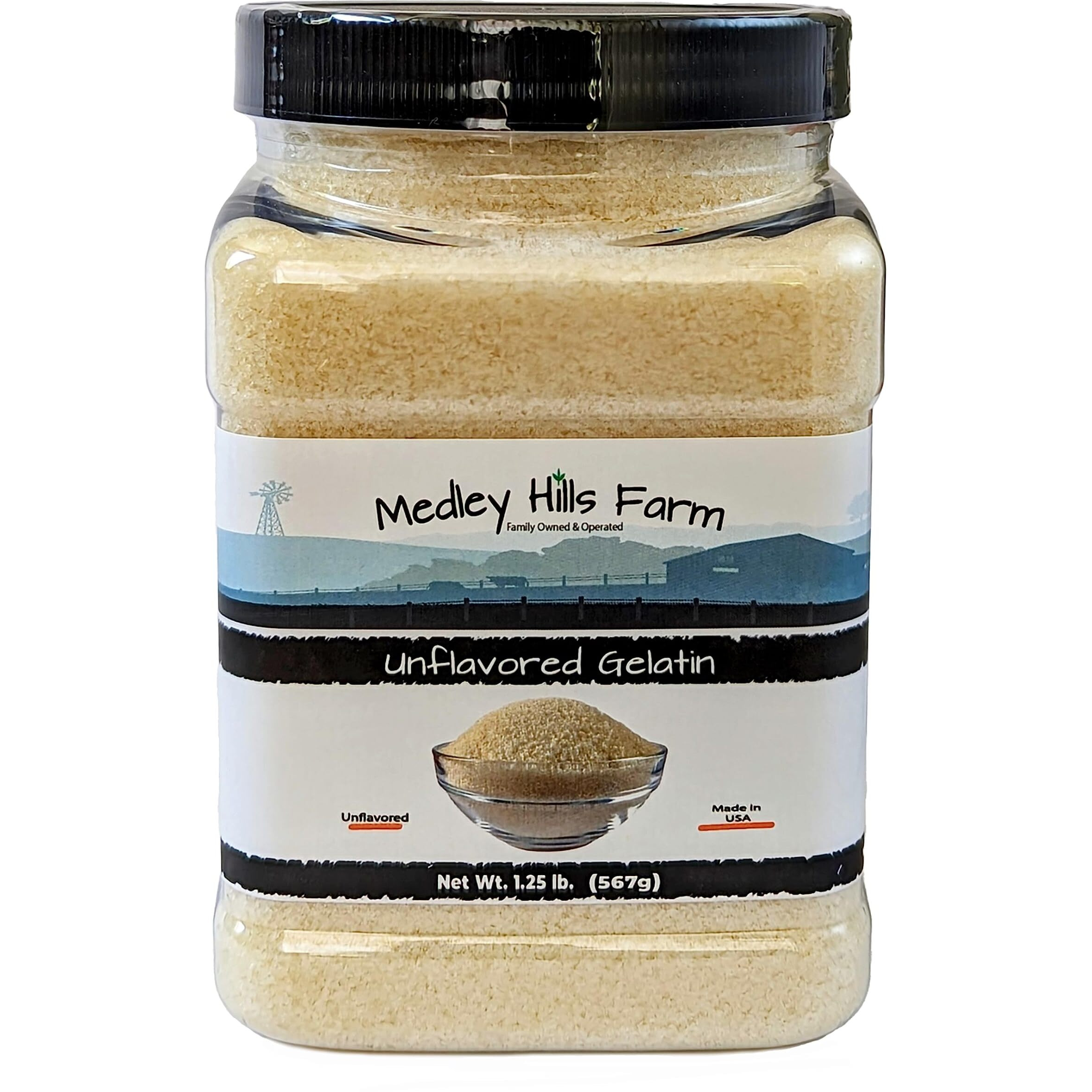 Unflavored Gelatin By Medley Hills Farm 1.25 Lbs. In Reusable Container - Gelatin Powder Unflavored Thickening Agent. Made In Usa.