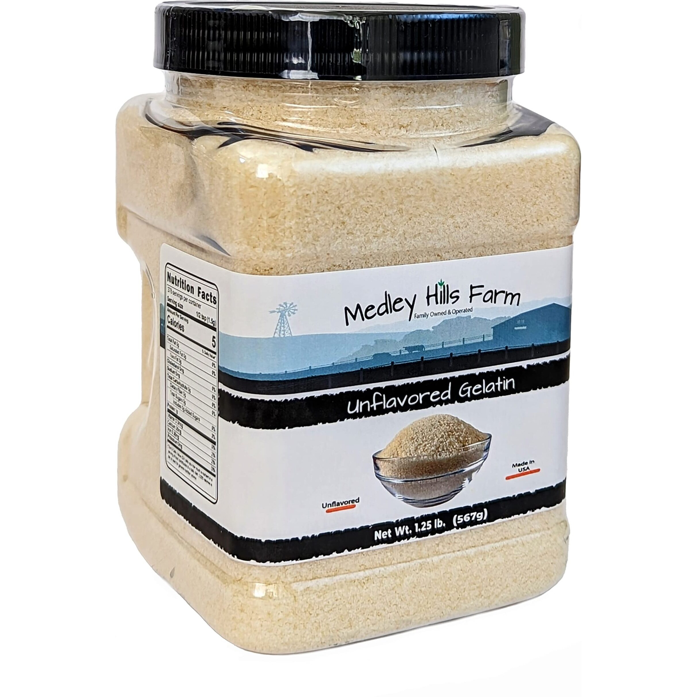 Unflavored Gelatin By Medley Hills Farm 1.25 Lbs. In Reusable Container - Gelatin Powder Unflavored Thickening Agent. Made In Usa.