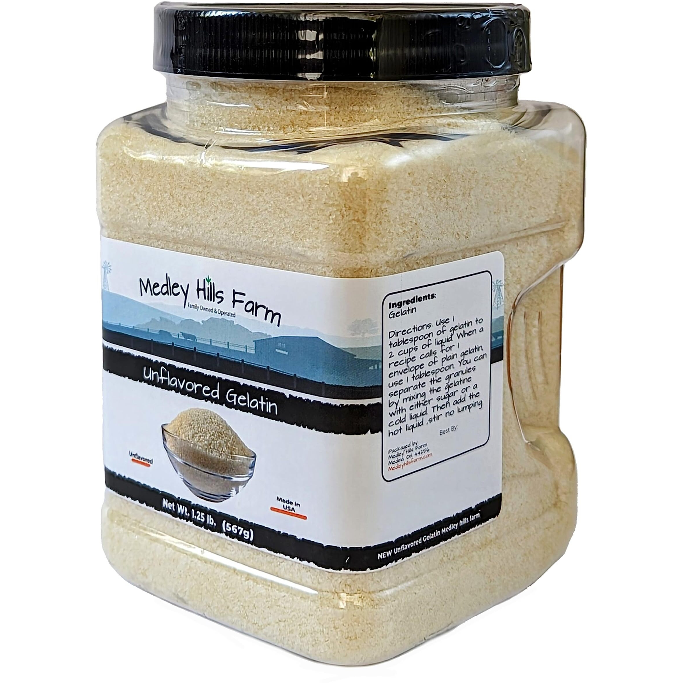 Unflavored Gelatin By Medley Hills Farm 1.25 Lbs. In Reusable Container - Gelatin Powder Unflavored Thickening Agent. Made In Usa.