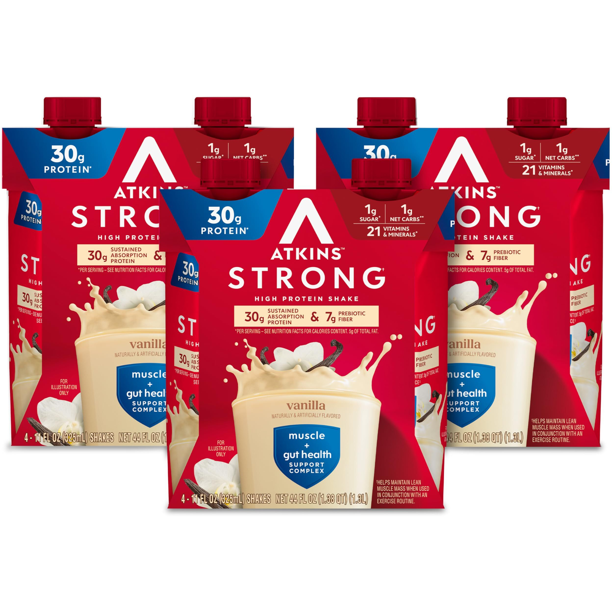 Atkins Strong High Protein Shake, Vanilla, 30G Protein, 7G Prebiotic Fiber, Muscle & Gut Health Support Complex, 12 Count