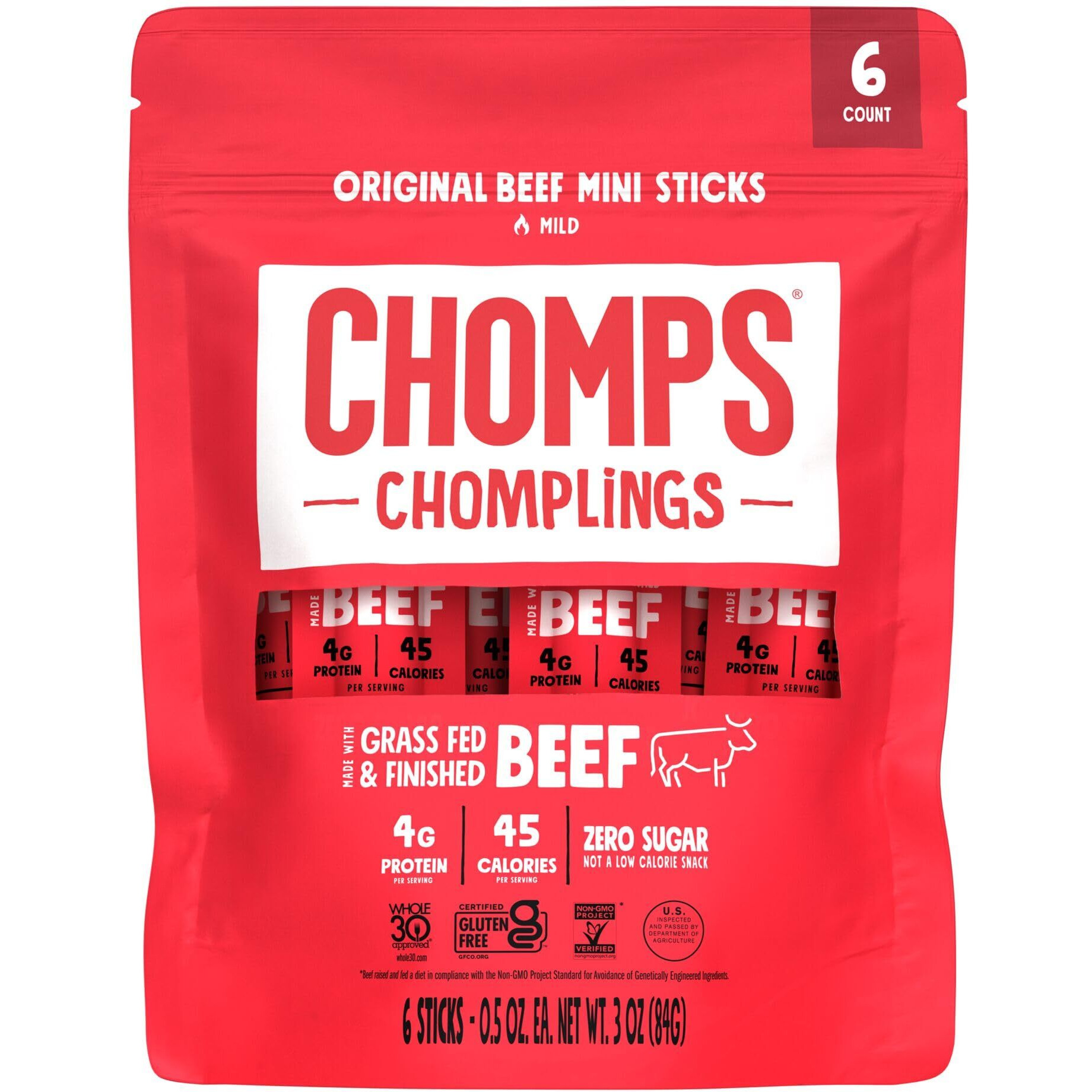 Chomps Mini Grass Fed Beef Jerky Meat Snack Sticks 0.5 Oz, Original Beef (Pack Of 6)