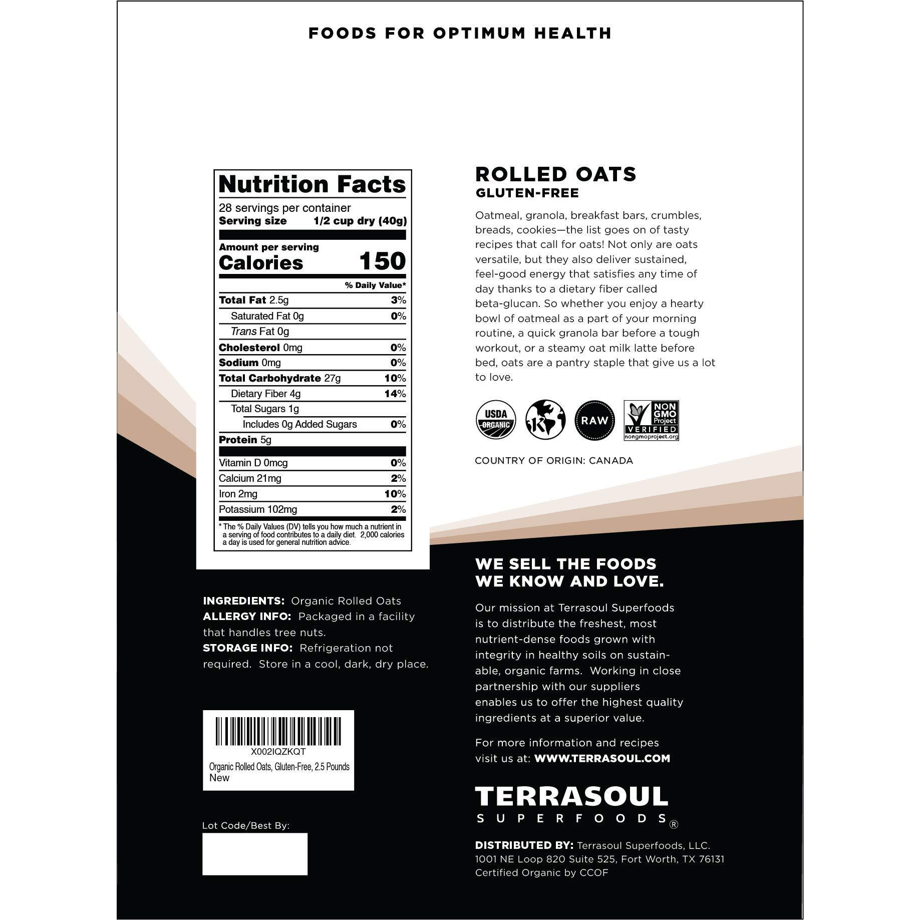 Terrasoul Superfoods Organic Rolled Oats, 5 Lbs - Gluten-Free | Old-Fashioned | Whole Grain