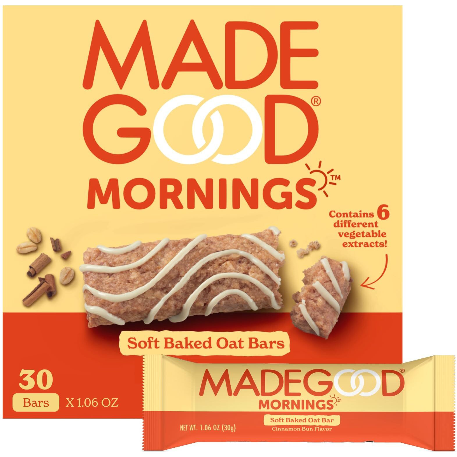 Madegood Mornings Soft Baked Breakfast Bars, Cinnamon Bun 1.06 Oz (30 Count) Gluten Free Snacks
