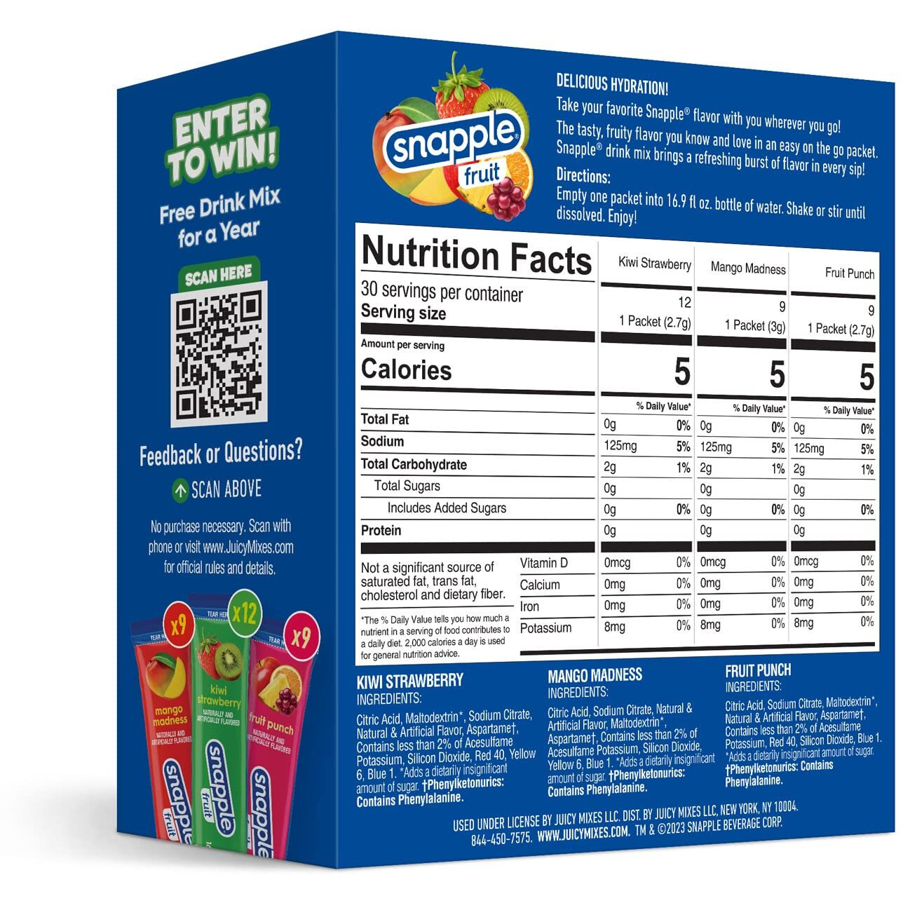 Snapple Powder Drink Mix Variety Pack - 30 Powder Sticks | Assorted Flavors, Zero Sugar | On-The-Go Hydration For Refreshing Beverages