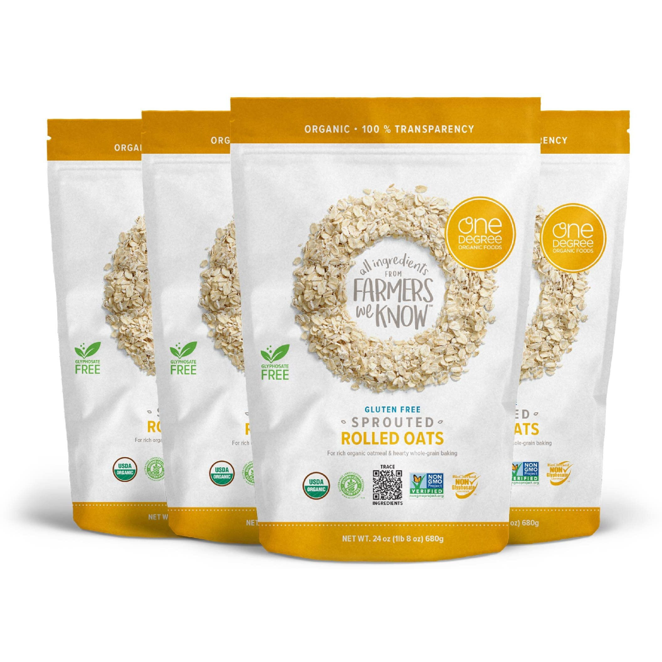 One Degree Organic Foods Sprouted Rolled Oats, Usda Organic, Non-Gmo Gluten Free Oatmeal, 24 Oz., 4 Pack