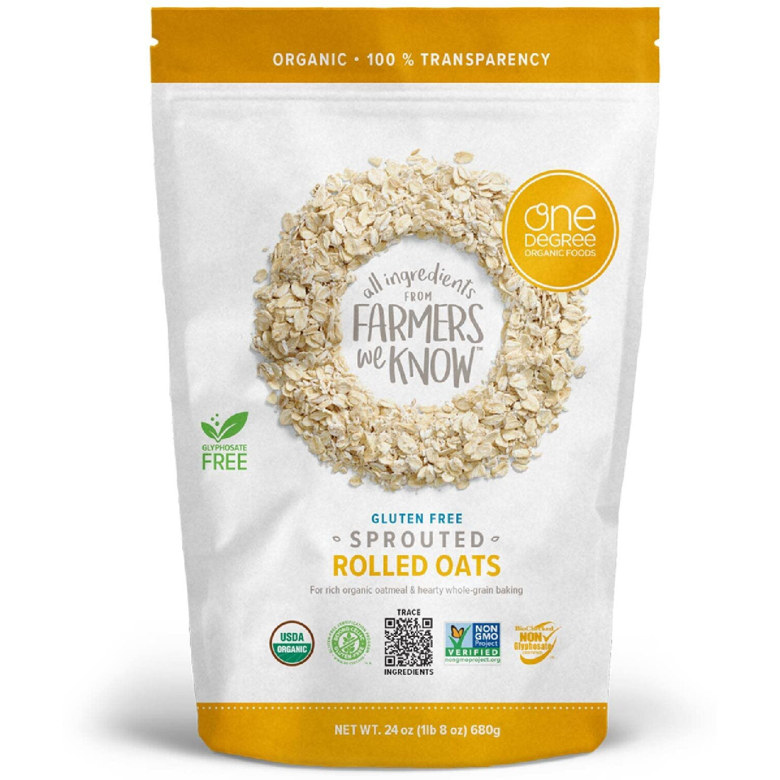One Degree Organic Foods Sprouted Rolled Oats, Usda Organic, Non-Gmo Gluten Free Oatmeal, 24 Oz., 4 Pack