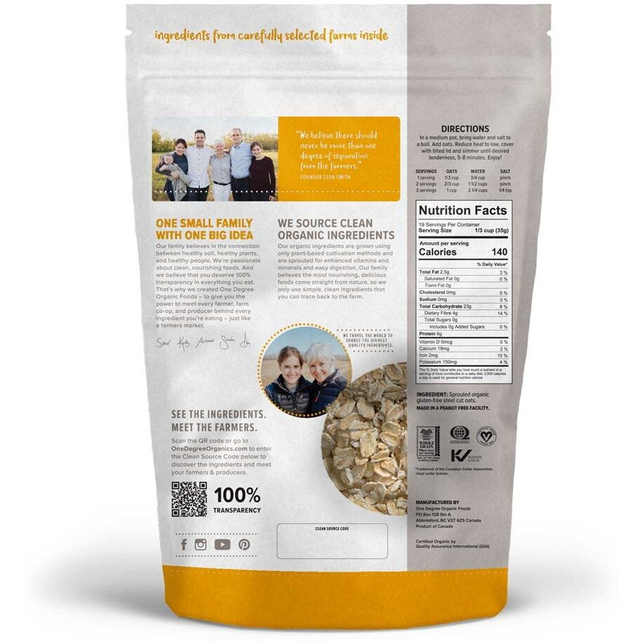 One Degree Organic Foods Sprouted Rolled Oats, Usda Organic, Non-Gmo Gluten Free Oatmeal, 24 Oz., 4 Pack