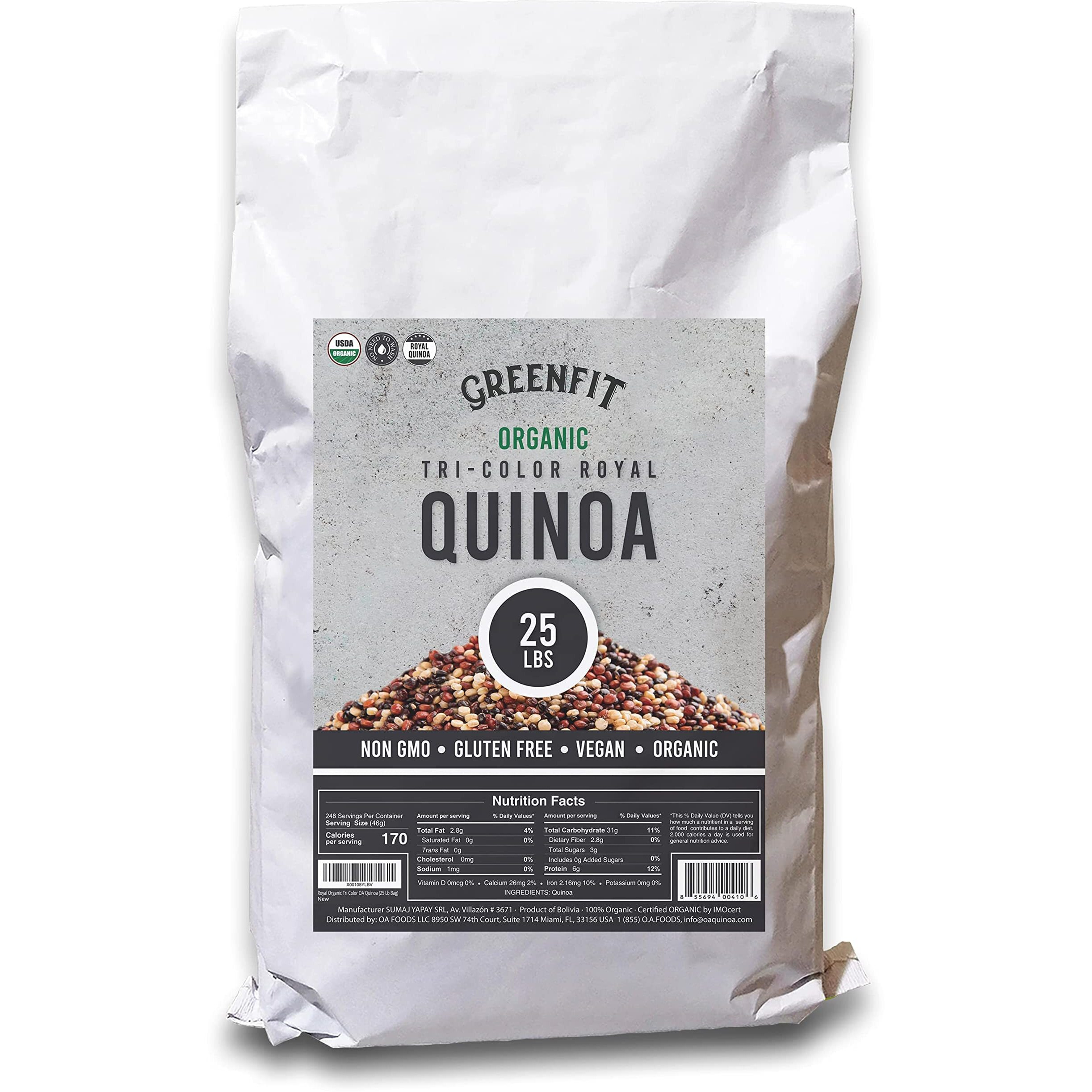 Royal Organic Tri Color Quinoa | Oa Quinoa Now Greenfit | Non-Gmo, Gluten-Free, Vegan, And Organic | Complete Protein, High Fiber, Low-Calorie Tri-Color Quinoa | (25 Pound - Pack Of 1)