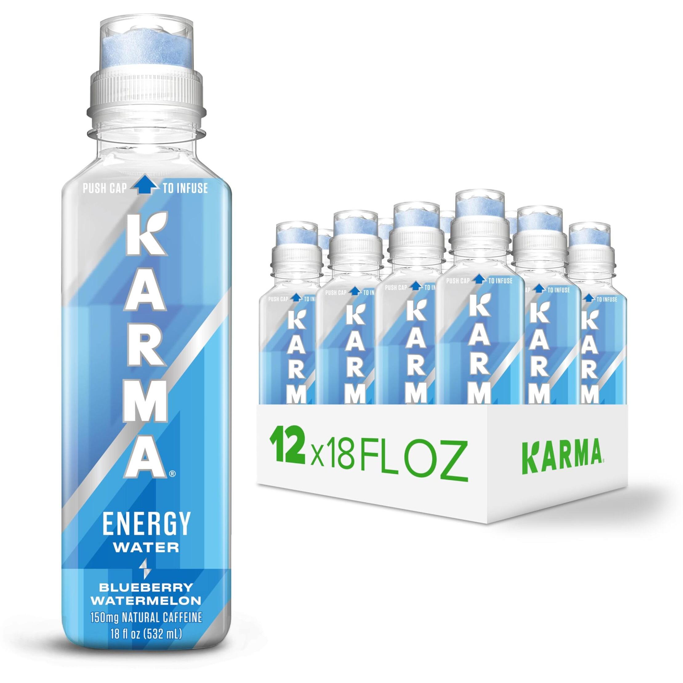 Karma Blueberry Watermelon Energy Water L Caffeinated Natural Energy Drink L Low Calorie Focus And Energy Boost, 18 Fl Oz (Pack Of 12)
