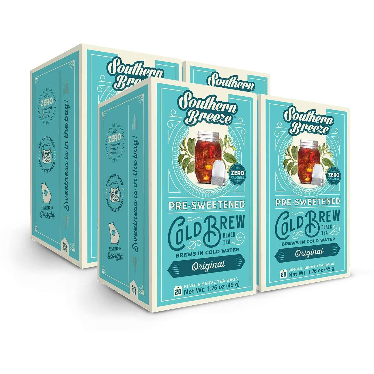 Southern Breeze Cold Brew Sweet Tea Original Iced Tea With Black Tea And Zero Carbs Zero Sugar, 20 Individually Wrapped Tea Bags, Pack Of 4