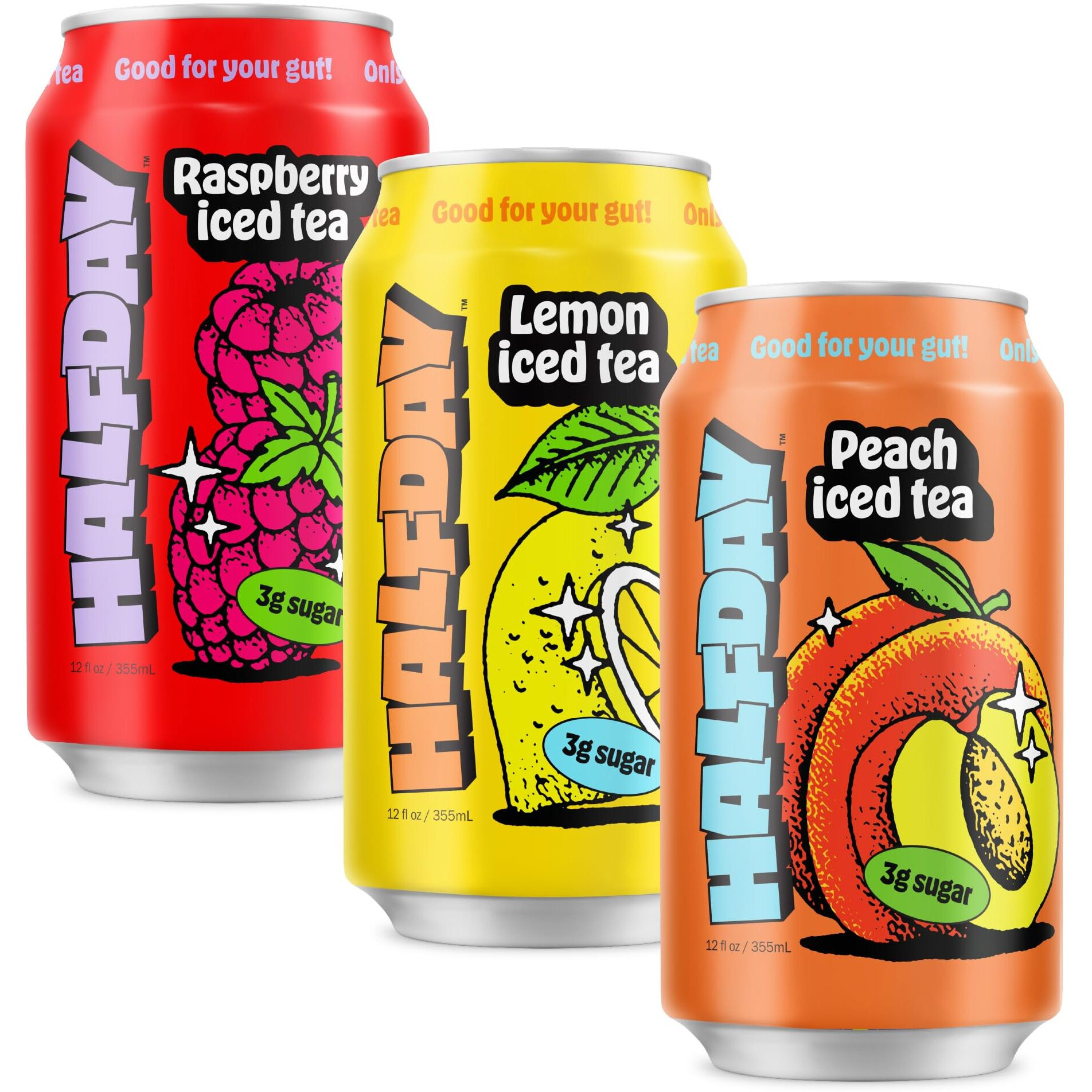 Halfday Prebiotic Iced Tea Cans, Variety 12 Pack, Supports Digestive Health & Gut Health, 8G Plant Fiber & Prebiotics, Gluten Free, Paleo, Low Calorie, Low Sugar, Lemon, Peach & Raspberry Organic Tea