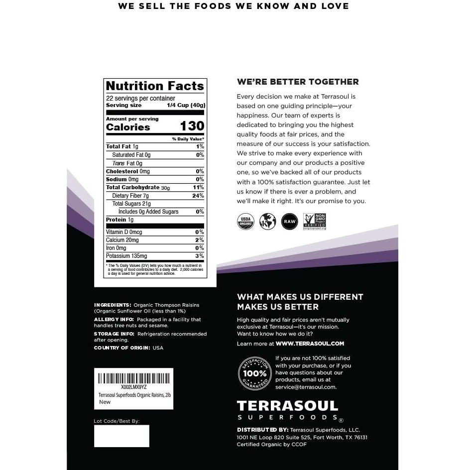 Terrasoul Superfoods Organic Raisins, 2 Lbs - Seedless | No-Sugar Added | No Preservatives