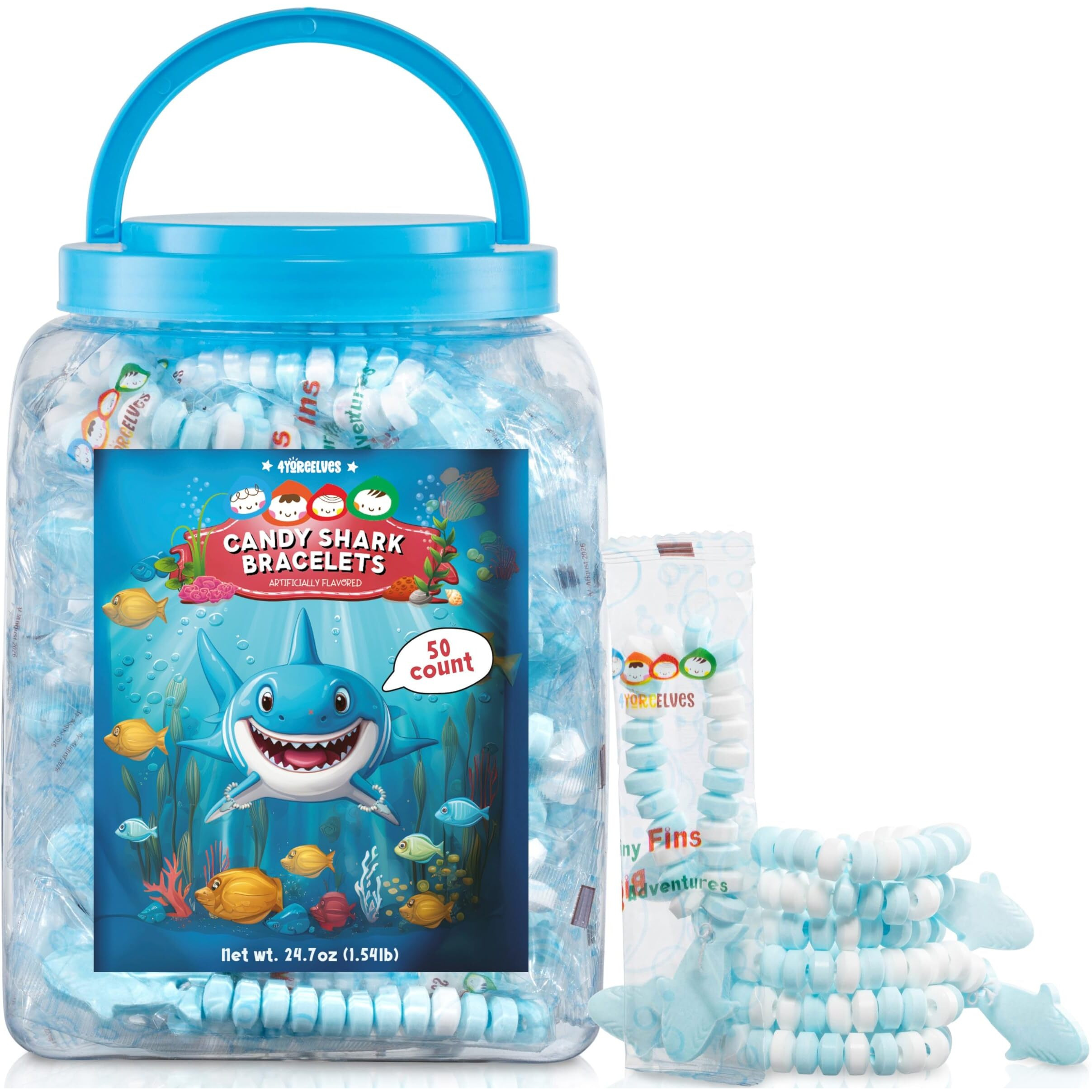 50 Shark Candy Bracelets, Cool Blue Candy For Under The Sea And Baby Shark Party Favors, Decorations And Goody Bag Fillers, Individually Wrapped In A Convenient Display Tub, Bulk Pack Of 50, By 4Yoreelves