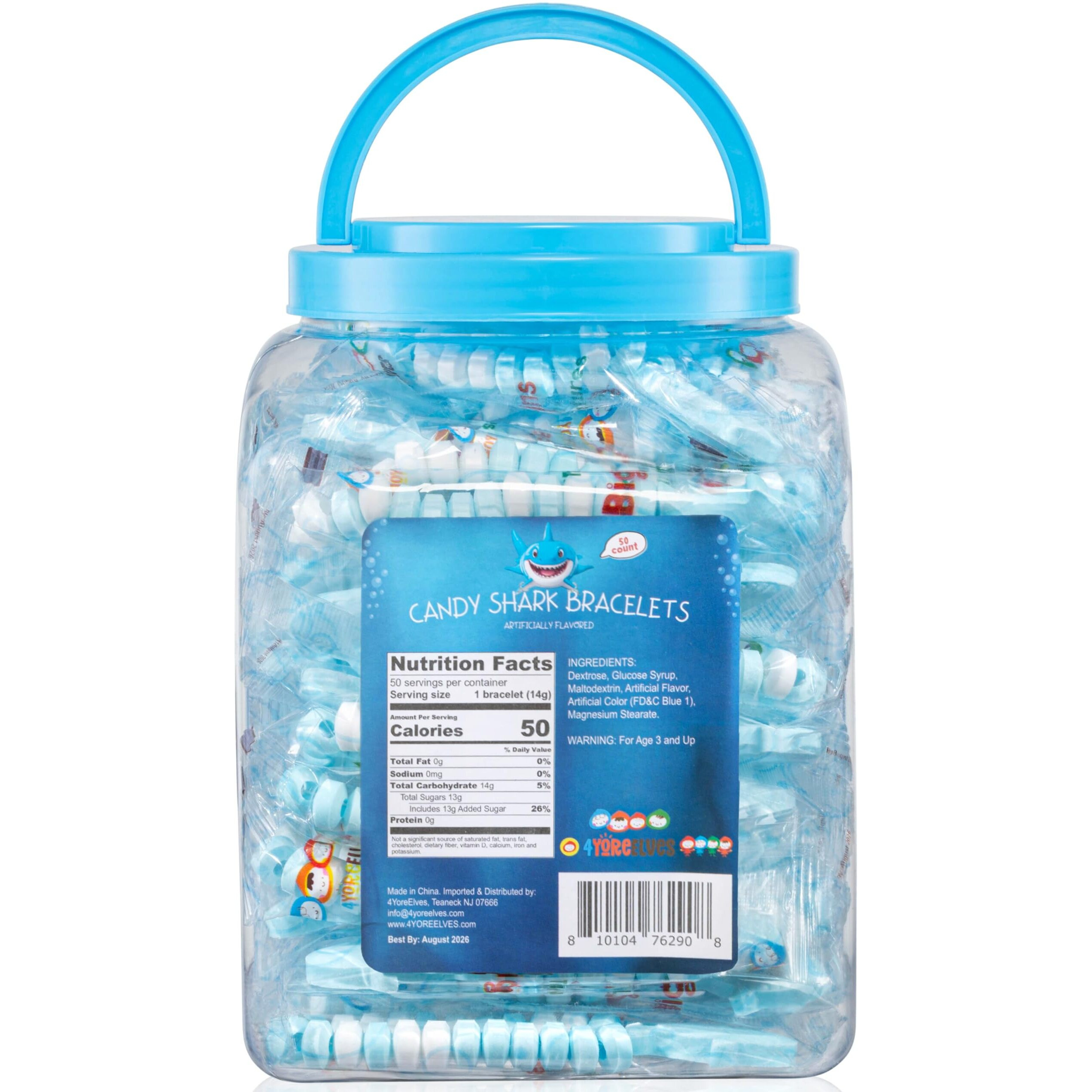 50 Shark Candy Bracelets, Cool Blue Candy For Under The Sea And Baby Shark Party Favors, Decorations And Goody Bag Fillers, Individually Wrapped In A Convenient Display Tub, Bulk Pack Of 50, By 4Yoreelves
