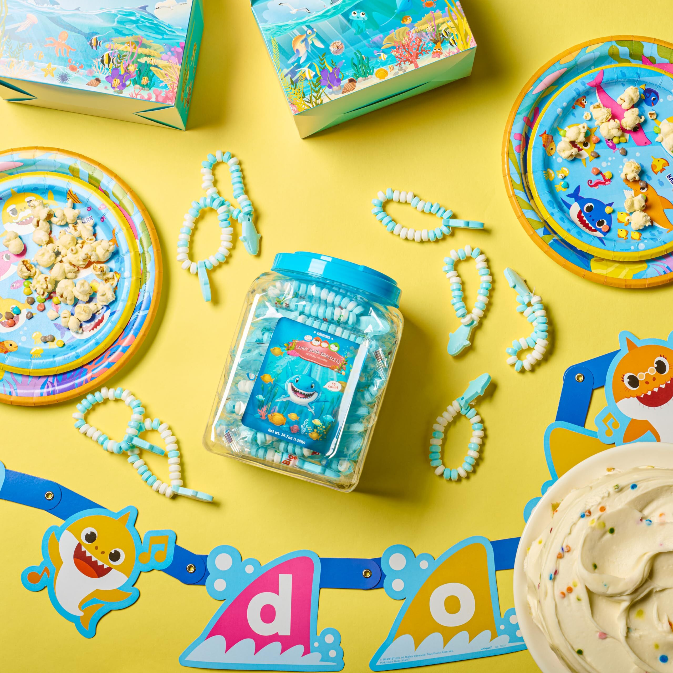 50 Shark Candy Bracelets, Cool Blue Candy For Under The Sea And Baby Shark Party Favors, Decorations And Goody Bag Fillers, Individually Wrapped In A Convenient Display Tub, Bulk Pack Of 50, By 4Yoreelves