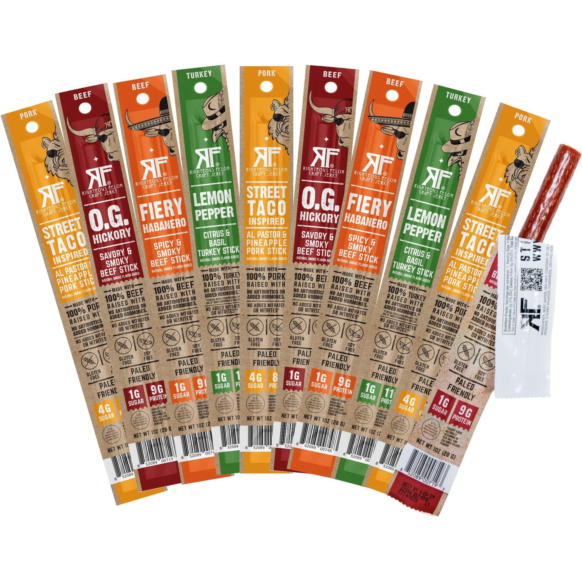 Righteous Felon Jerky Variety Pack Meat Sticks | High Protein, Low Carb, Keto, Gluten Free, Low Sugar, Healthy Snack Stick | All Natural, Individually Wrapped Craft Beef, Turkey, Pork | 10 Count