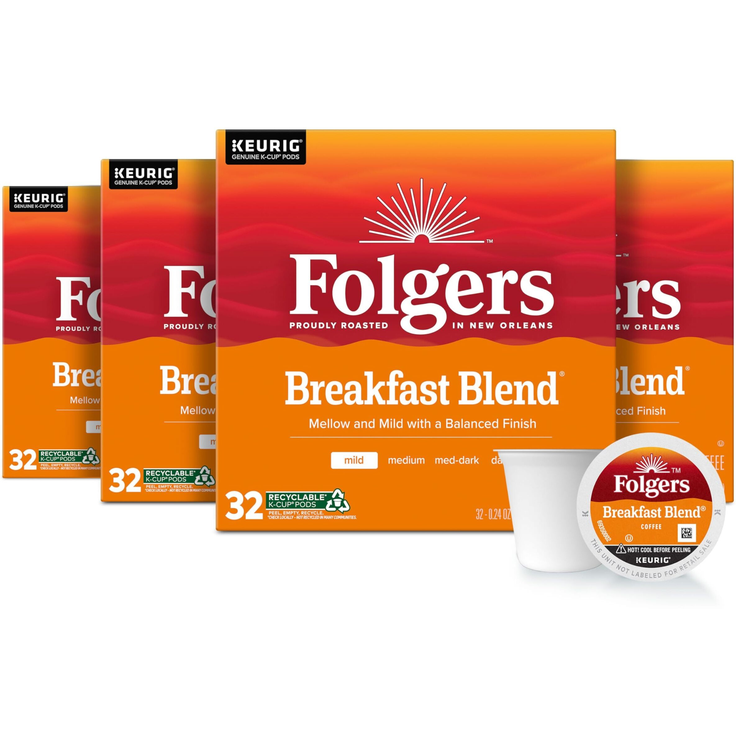 Folgers Breakfast Blend Mild Roast Coffee, 128 Keurig K-Cup Pods