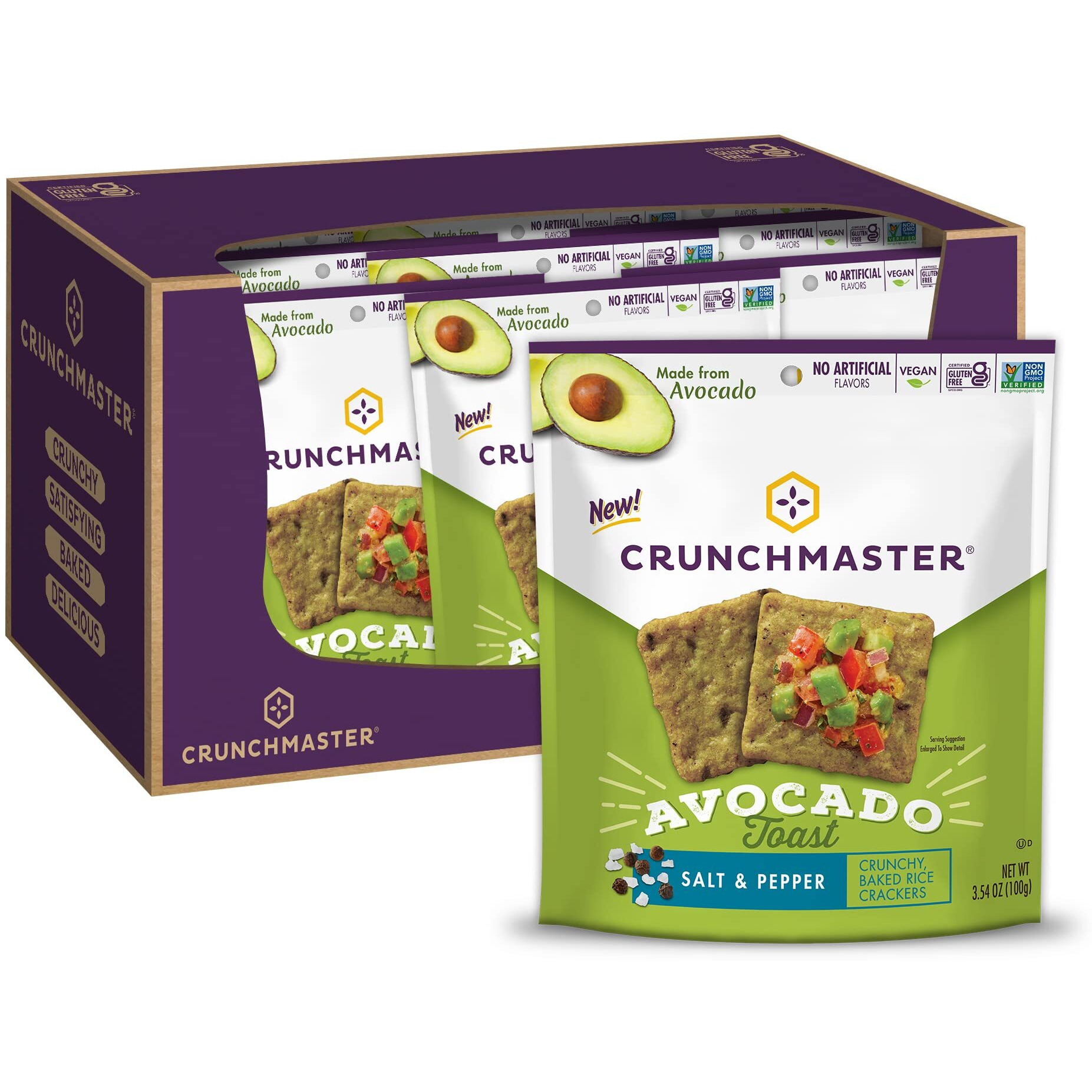 Crunchmaster Avocado Toast Crunchy, Baked Rice Crackers, Salt & Pepper, No Artificial Flavors, Vegan, Kosher, Gluten Free & Non-Gmo, 3.54 Ounce (Pack Of 12)