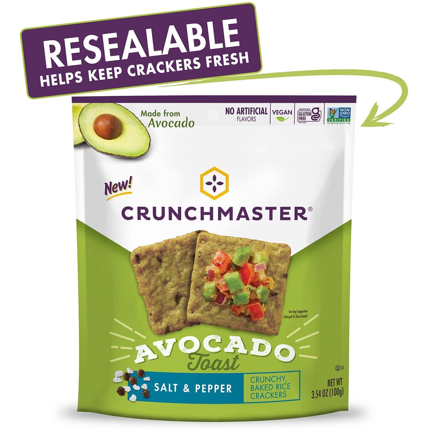 Crunchmaster Avocado Toast Crunchy, Baked Rice Crackers, Salt & Pepper, No Artificial Flavors, Vegan, Kosher, Gluten Free & Non-Gmo, 3.54 Ounce (Pack Of 12)