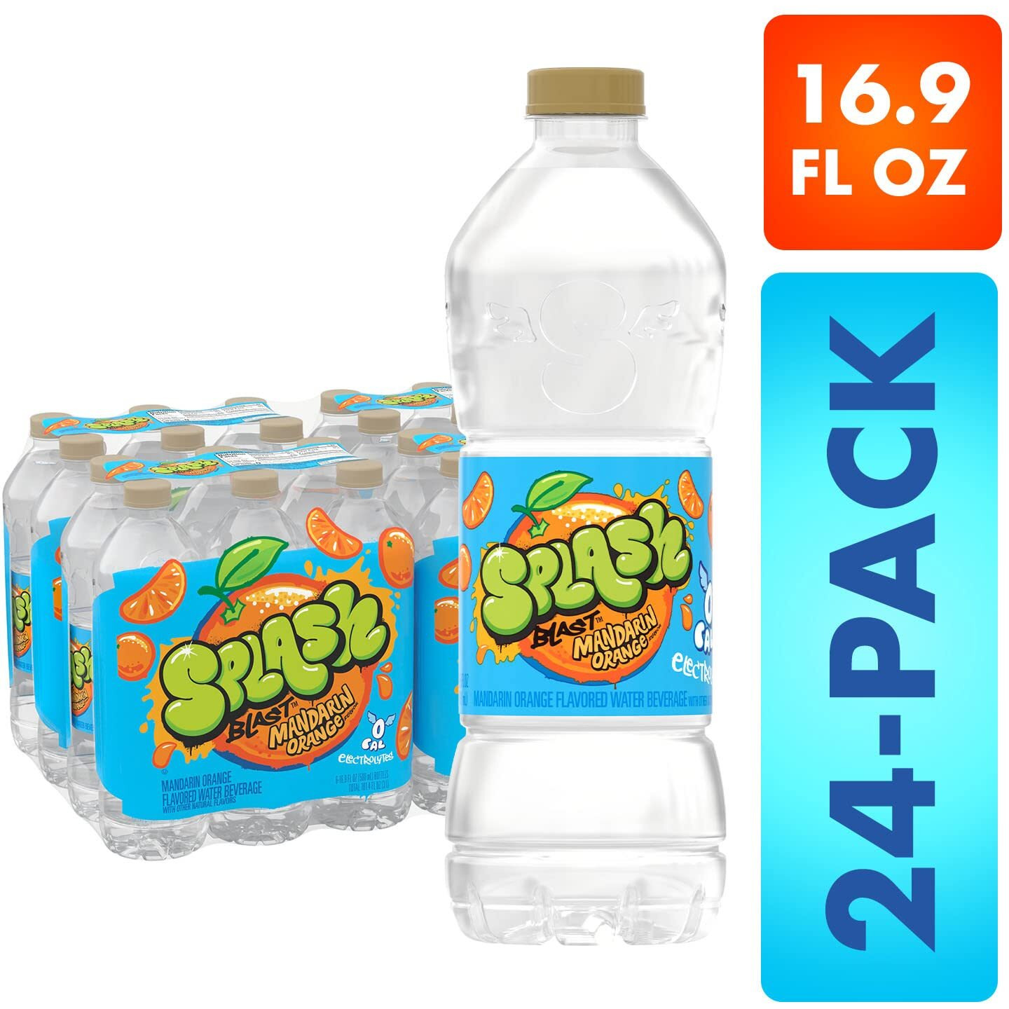 Splash Blast, Flavored Water Beverage, Mandarin Orange Flavor, 16.9 Fl Oz Plastic Bottles, 24 Pack