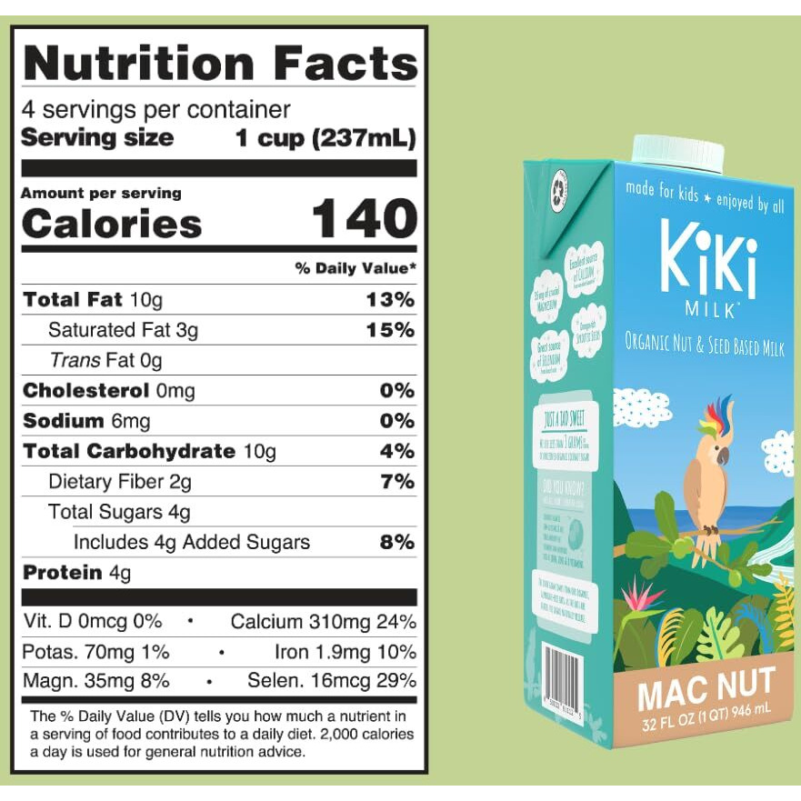 Kiki Milk Plant Based Milk - Organic Mac Nut Seed Based Milk - Calcium & Magnesium Source - Gluten Free, Gum Free, Gmo Free, Dairy Free, Soy Free, Glyphosate Free - Shelf Stable - (32 Oz  Pack Of 6)