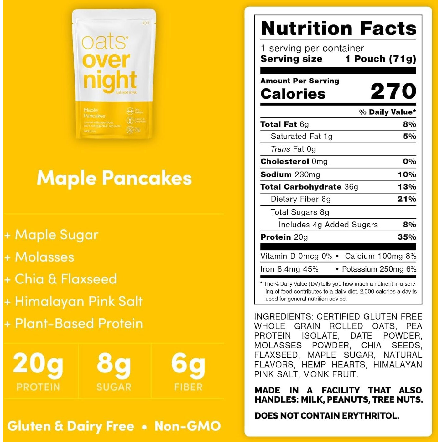 Oats Overnight - Maple Pancakes - Vegan, 20G Protein, High Fiber Breakfast Shake - Gluten Free, Non Gmo Oatmeal (2.5 Oz Per Meal) (8 Pack)