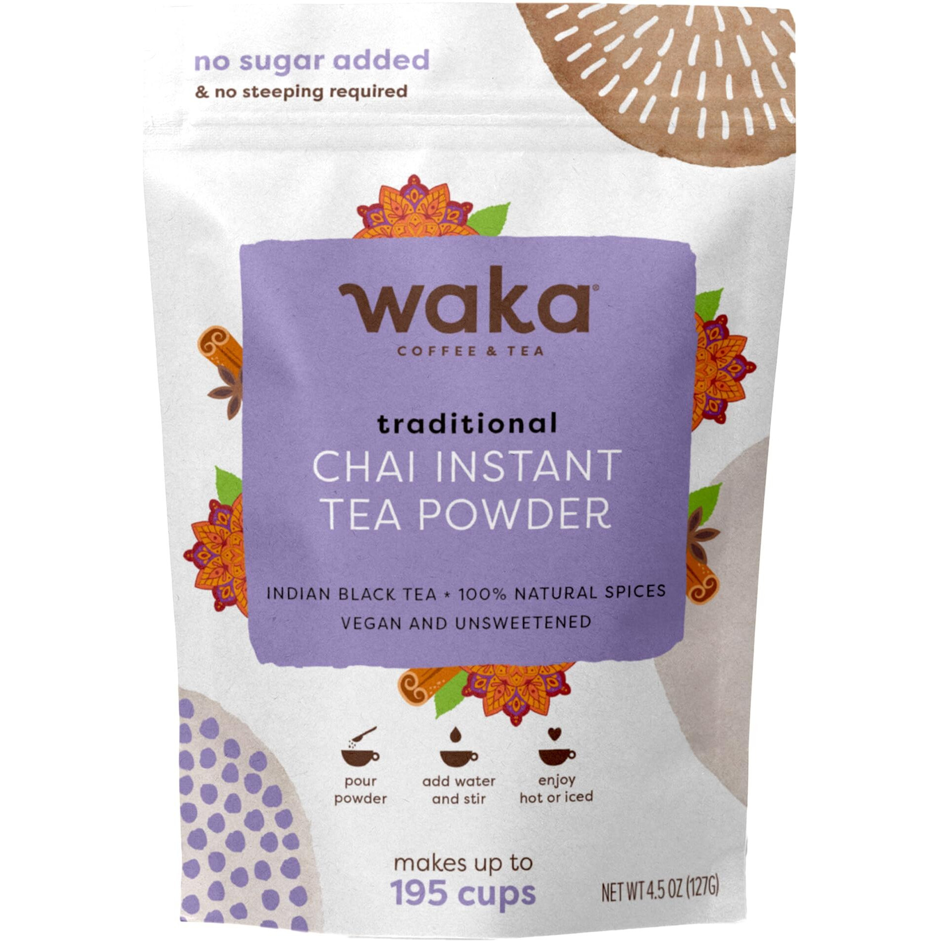 Waka Traditional Masala Instant Chai Tea - 100% Tea Leaves From India, Natural Spices, Unsweetened Tea Powder - No Sugar, No Additives, Up To 195 Cups (4.5Oz)