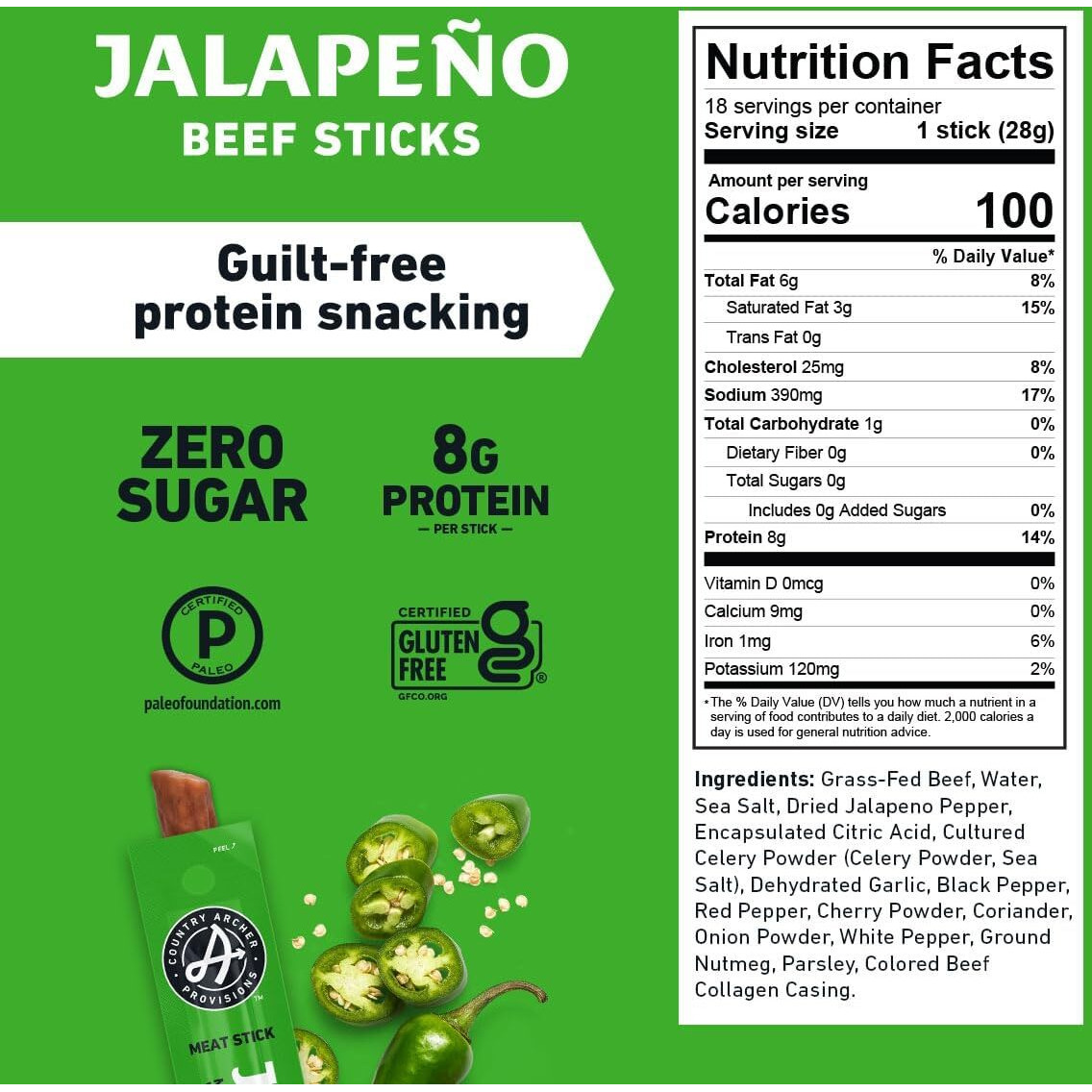 Country Archer Beef Jerky Sticks Jalapeno - Grass Fed Beef Sticks Individually Wrapped, Beef Sticks Bulk, Beef Jerky Snack Packs, Gluten Free, Paleo, Keto, Sugar Free - 1 Oz Meat Sticks (Pack Of 36)
