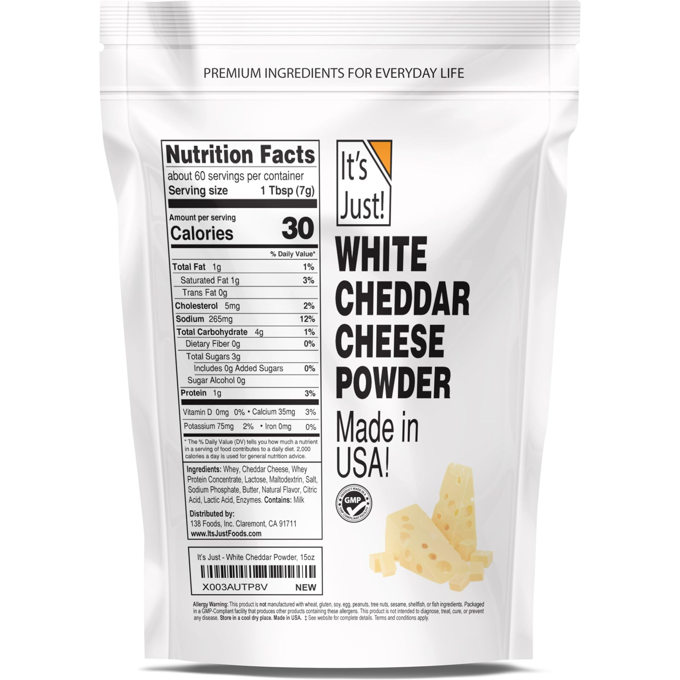 It's Just - White Cheddar Cheese Powder, Traditional Sharp Flavor, Made In Usa, 15Oz