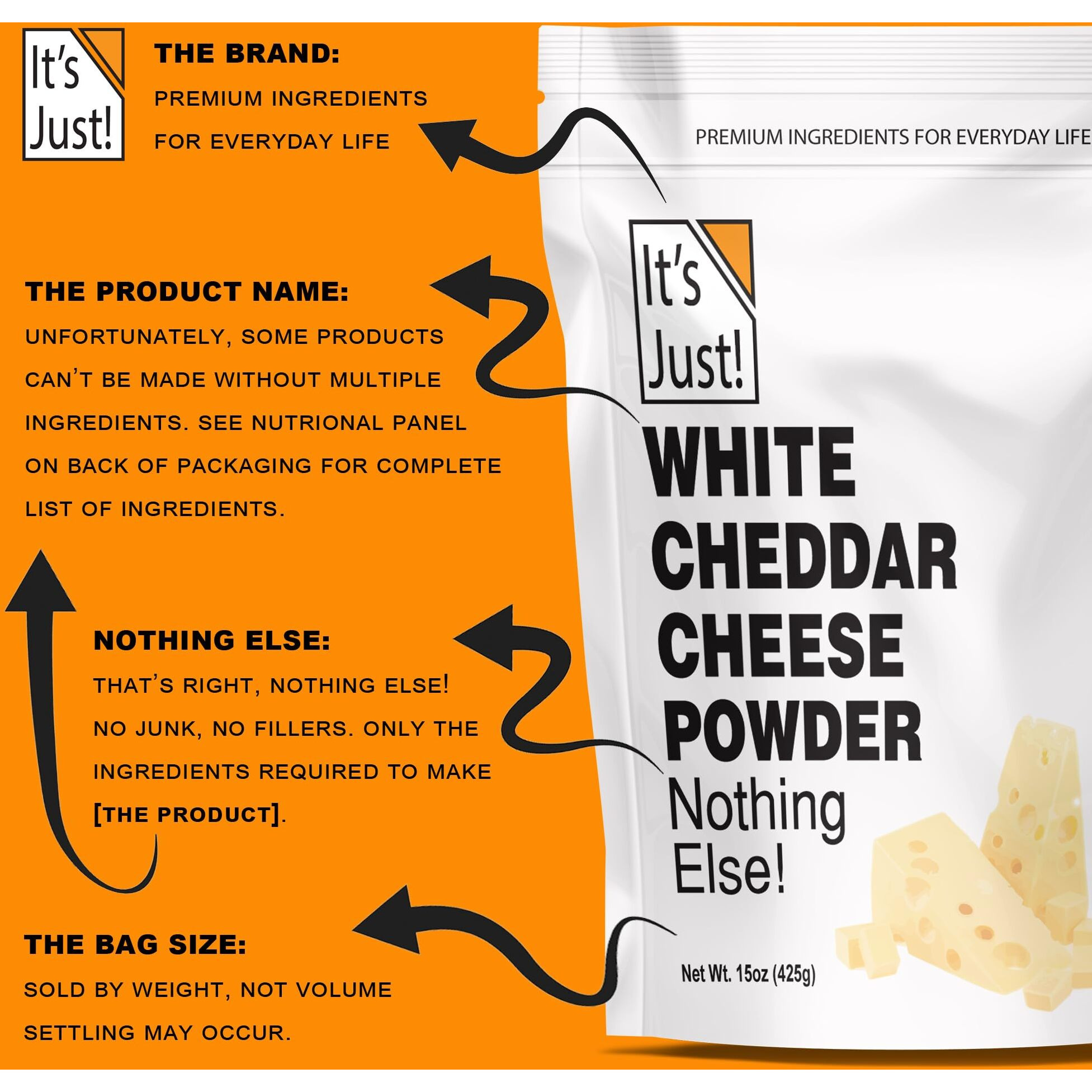 It's Just - White Cheddar Cheese Powder, Traditional Sharp Flavor, Made In Usa, 15Oz