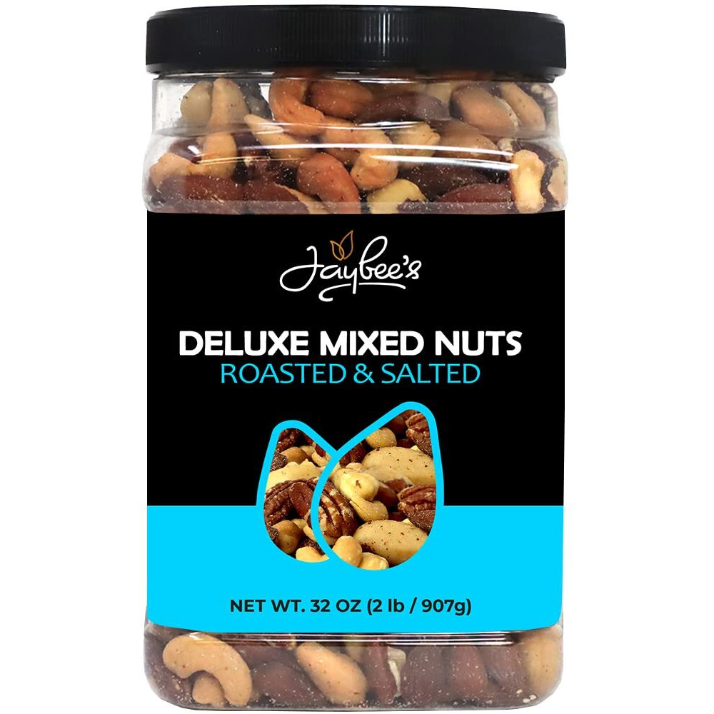 Mixed Nuts Deluxe - Roasted & Salted | 32 Oz Reusable Container | Healthy Gourmet Variety Snack Mix With Cashews, Almonds, Brazil Nuts, Pecans, Hazelnuts (No Peanuts) Holiday Gifts | Keto, Vegan Friendly, Healthy Nut Mix | Jaybee's